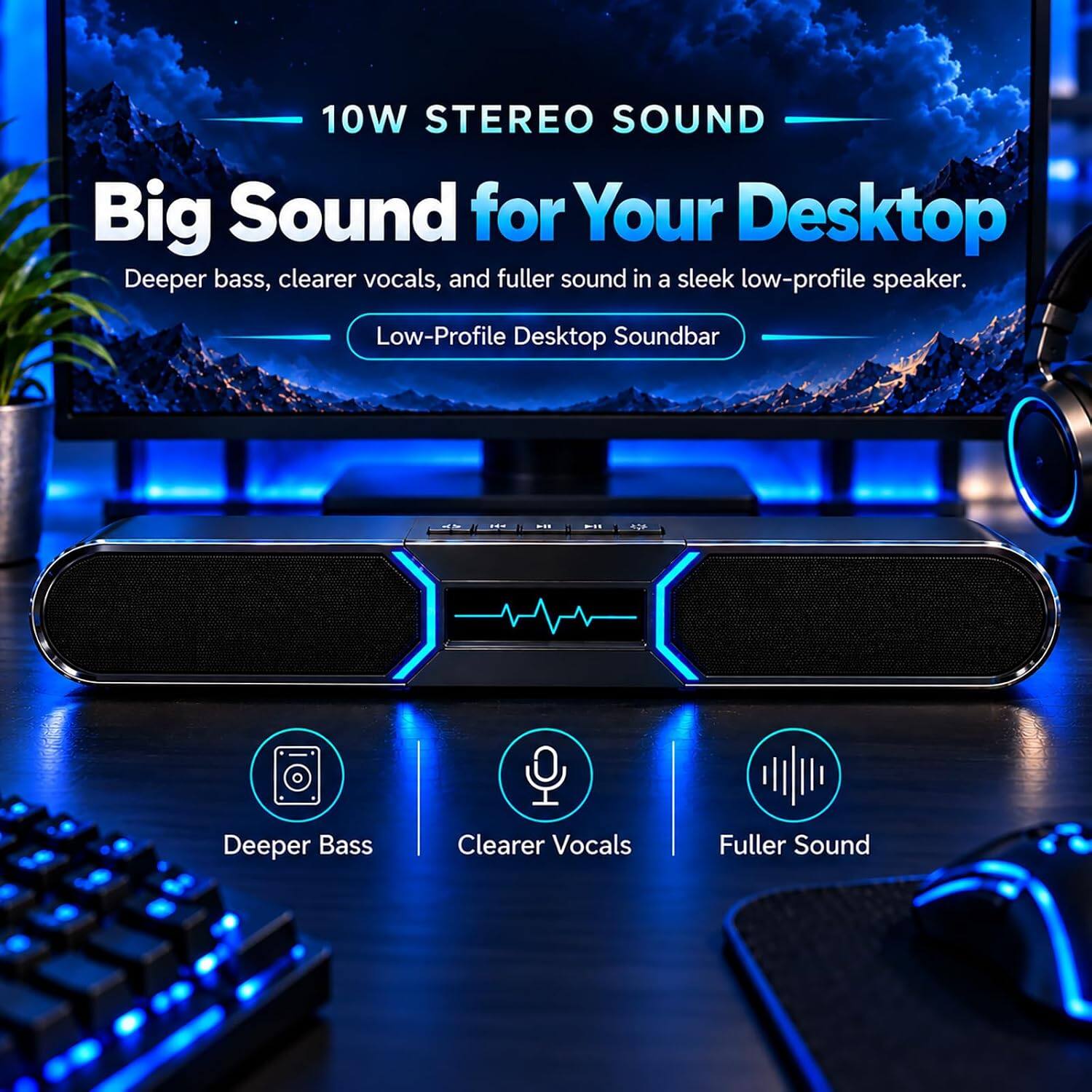10W STEREO SOUND  
Big Sound for Your Desktop  
Deeper bass, clearer vocals, and fuller sound in a sleek low-profile speaker.  
Low-Profile Desktop Soundbar  

20+  
Deeper Bass  
Clearer Vocals  
Fuller Sound
