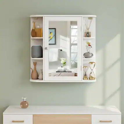 Front. Pefilos - Multipurpose Wall Mount Bathroom Cabinet, Mirror Storage, 4 Adjustable Shelves, White - White.