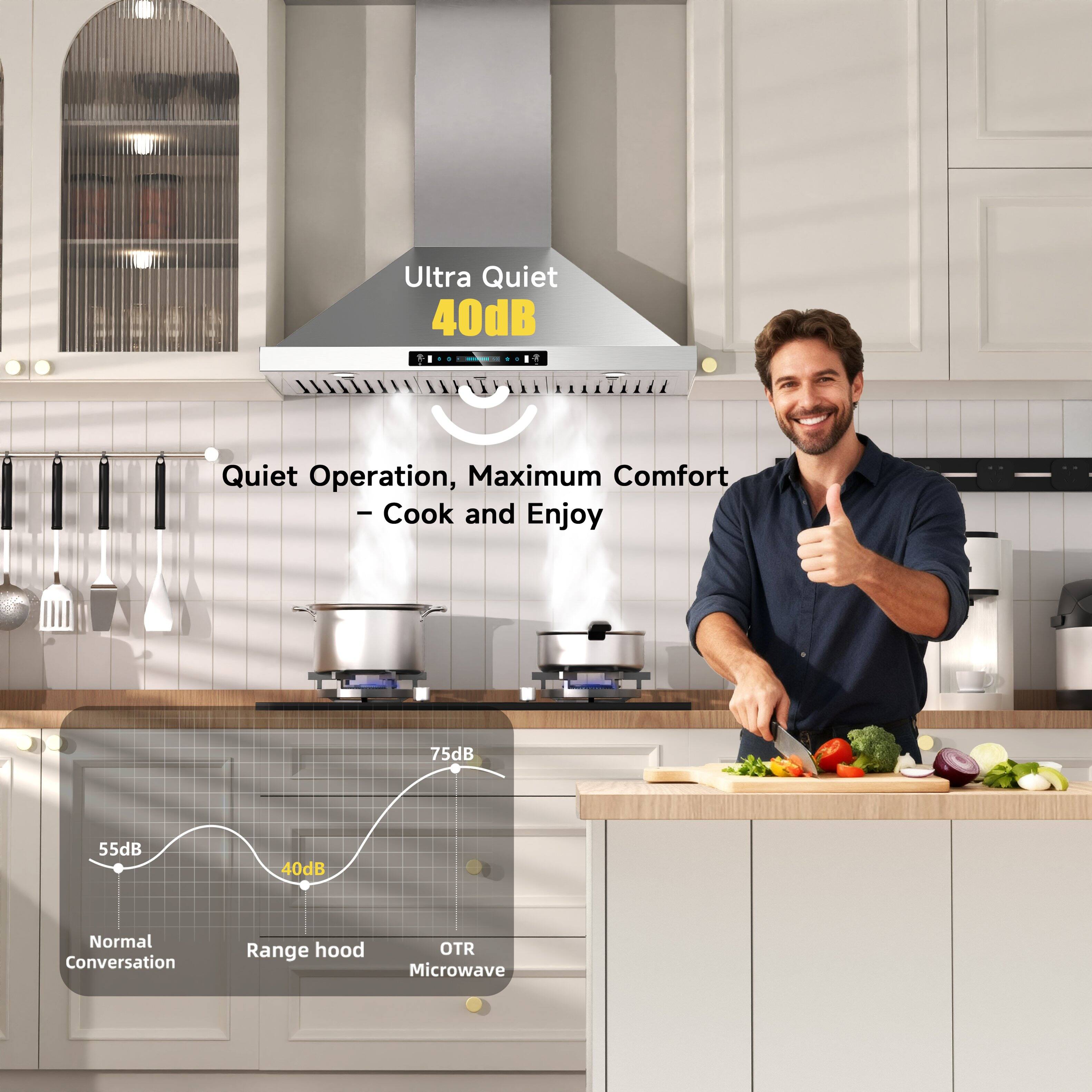 Ultra Quiet 40dB Quiet Operation, Maximum Comfort - Cook and Enjoy

75dB 55dB 40dB Normal Conversation Range hood OTR Microwave