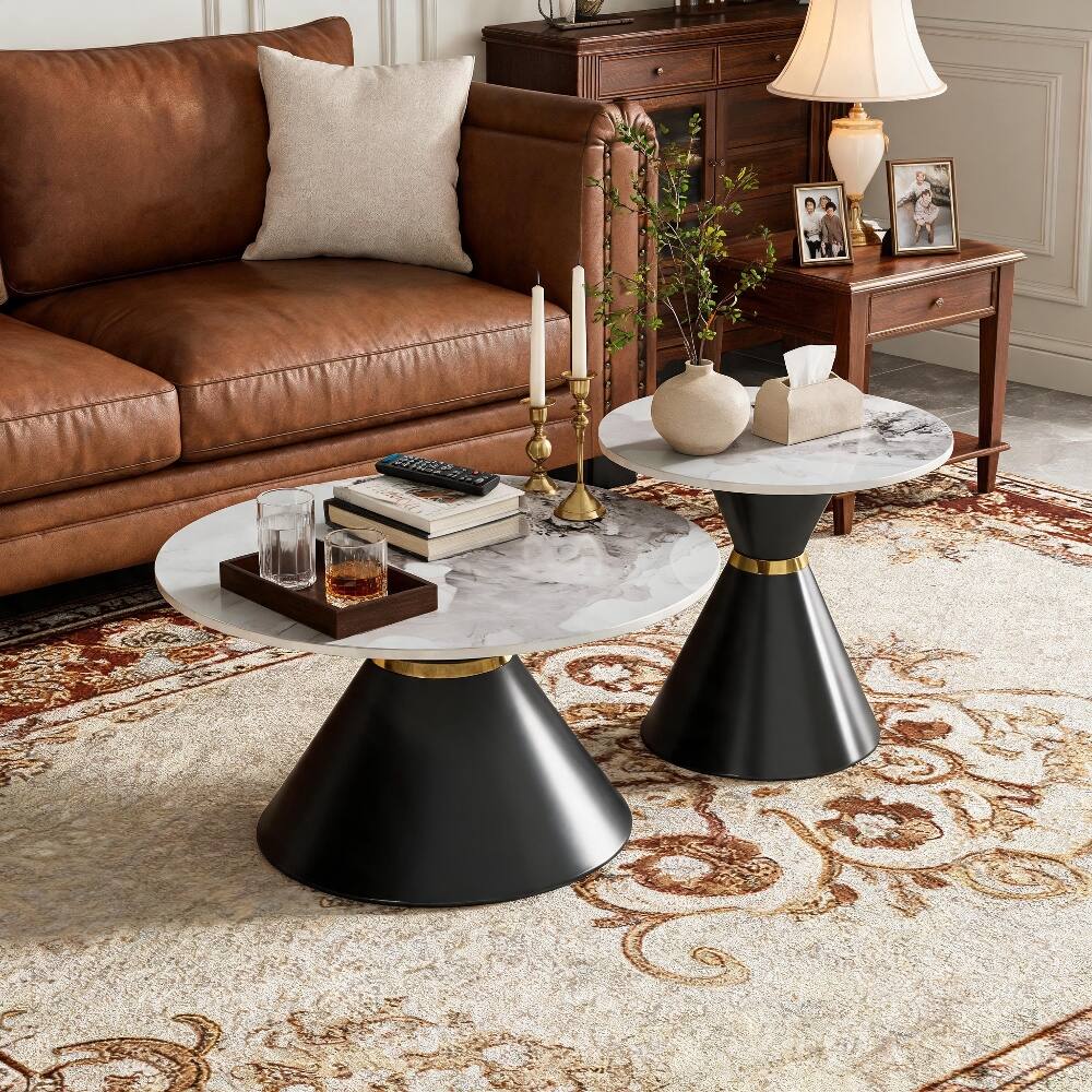 Alt View 3. Loheer - Loheer Round Nesting Coffee Table Set of 2 Sintered Stone Top Black Pedestal Base - Black and Gold.