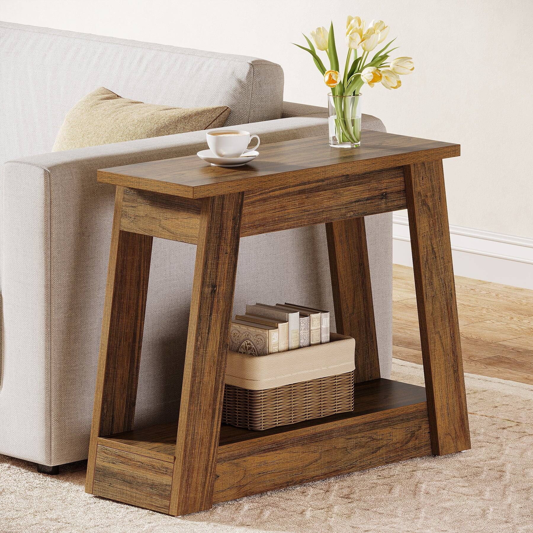 Front. Tribesigns - End Table with Wood Construction, Storage Shelves and Rectangular Top for Living Room and Bedroom - Brown.