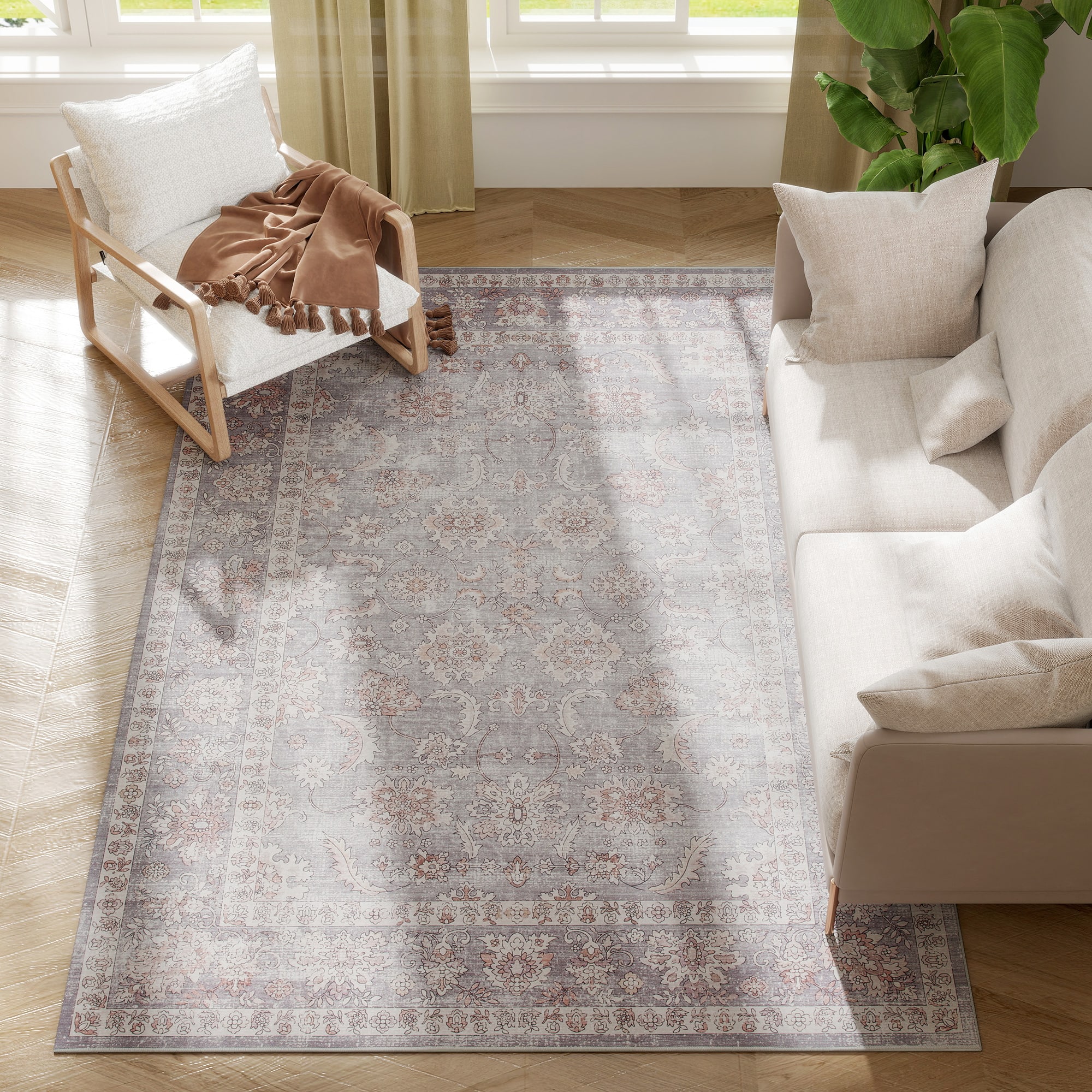 Homcom - Area Rug 5x7, Machine Washable Non-Slip Traditional Flower Print Floor Cover - Gray