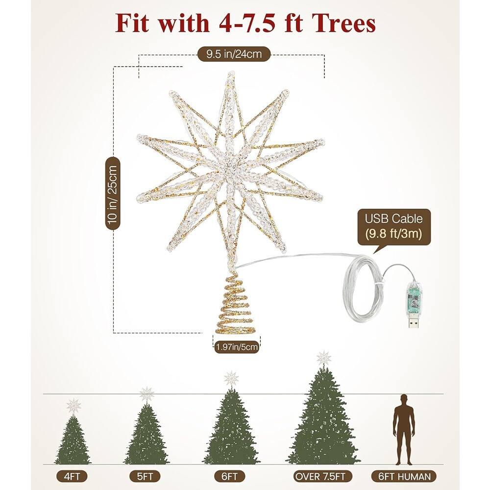 Fit with 4-7.5 ft Trees

- 9.5 in/24 cm
- 10 in/25 cm
- 1.97 in/5 cm

USB Cable (9.8 ft/3m)

- 4FT
- 5FT
- 6FT
- OVER 7.5FT
- 6FT HUMAN