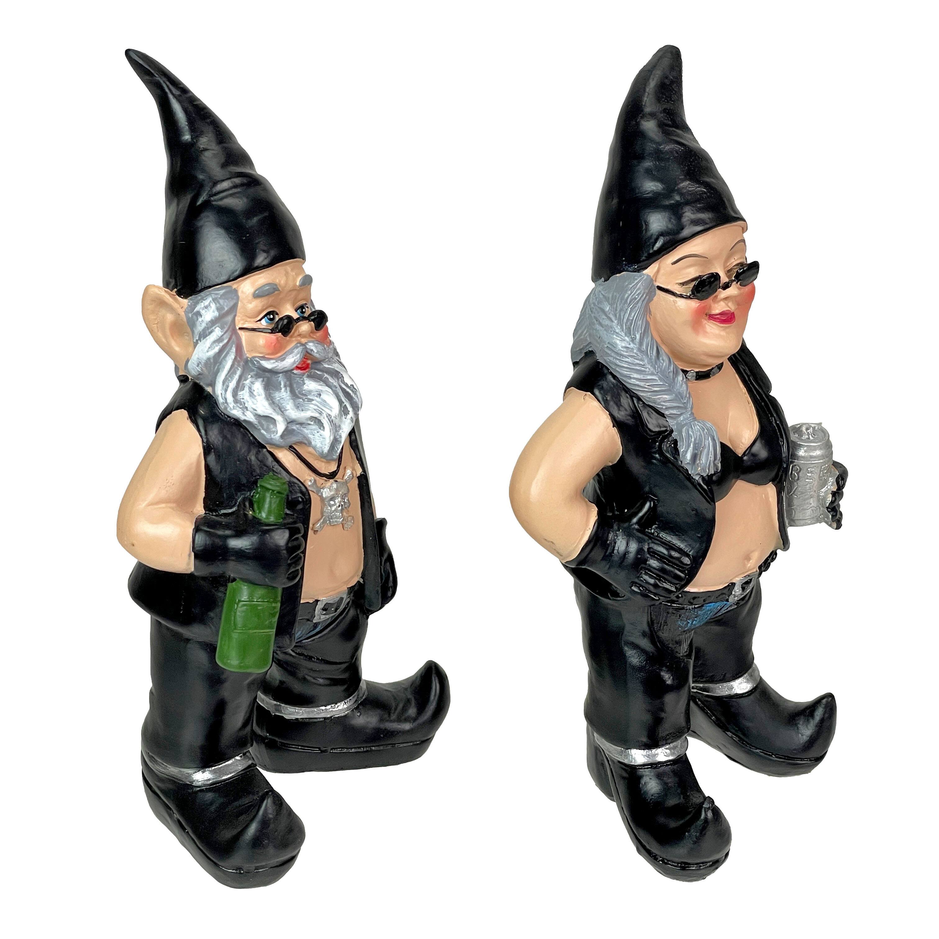 Alt View 1. Zeckos - Gnoschitt and Gnofun Thirsty Biker Garden Gnome Statues 7.5 Inches High - Black.