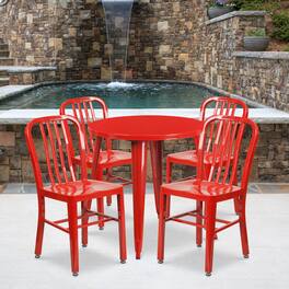 Emma + Oliver - Commercial Grade 30" Round Metal Indoor-Outdoor Table Set & 4 Slat Back Chairs - Red