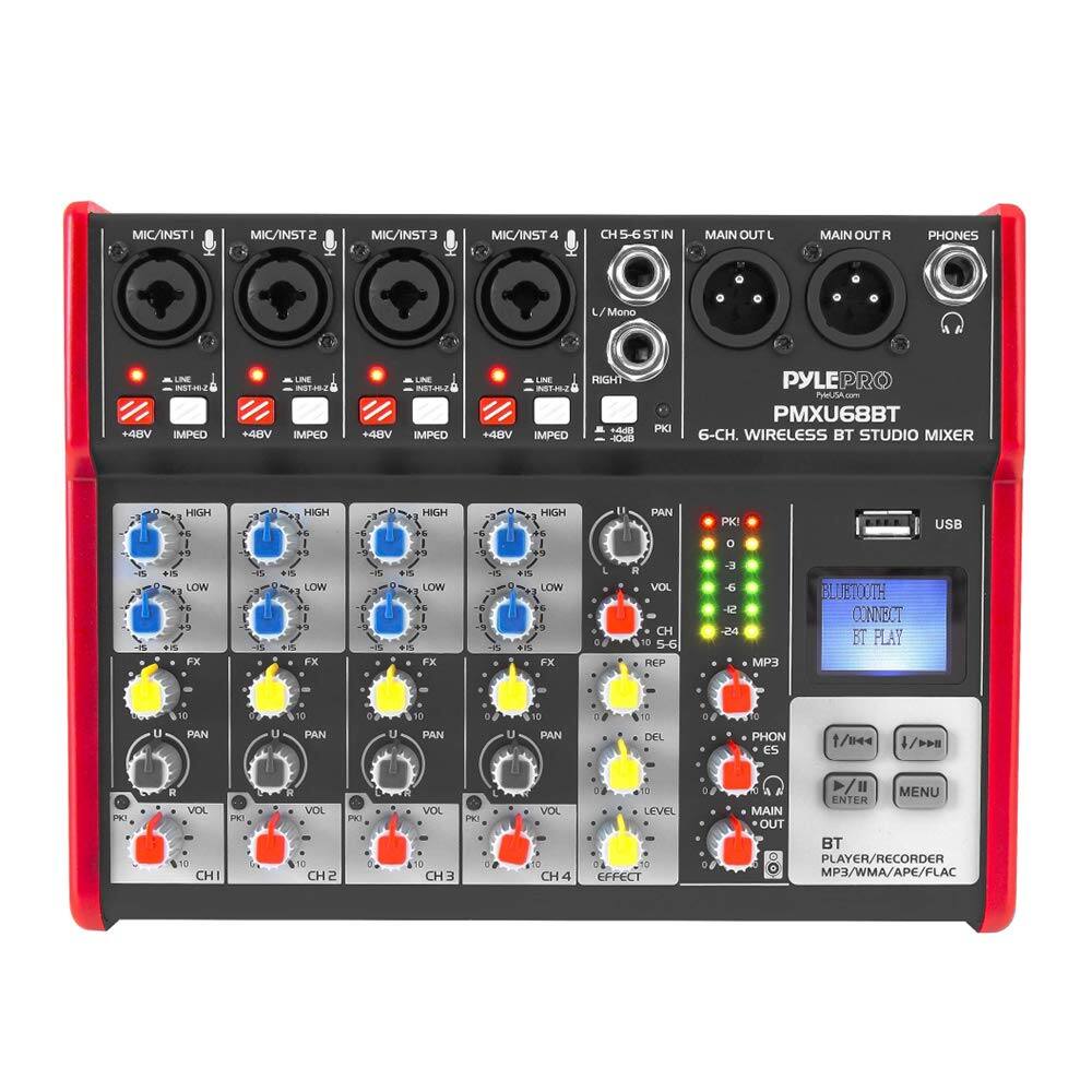 MIC/INST 1  
MIC/INST 2  
MIC/INST 3  
MIC/INST 4  
CH 5-6 ST IN  
MAIN OUT L  
MAIN OUT R  
PHONES  

L/Mono  
RIGHT  
+48V  
IMPED  

PYLE PRO  
PMXU68BT  
6-CH. WIRELESS BT STUDIO MIXER  

HIGH  
LOW  
FX  
PAN  
VOL  
CH 1  
CH 2  
CH 3  
CH 4  
EFFECT  
MAIN OUT  

BLUETOOTH CONNECT  
BT PLAY  

USB  

BT PLAYER/RECORDER  
MP3/WMA/APE/FLAC  

PHONES 1/4"  
PAN  
VOL  
CH 1  
CH 2  
CH 3  
CH 4  

MENU  
ENTER  
PLAY/REC/RECORD