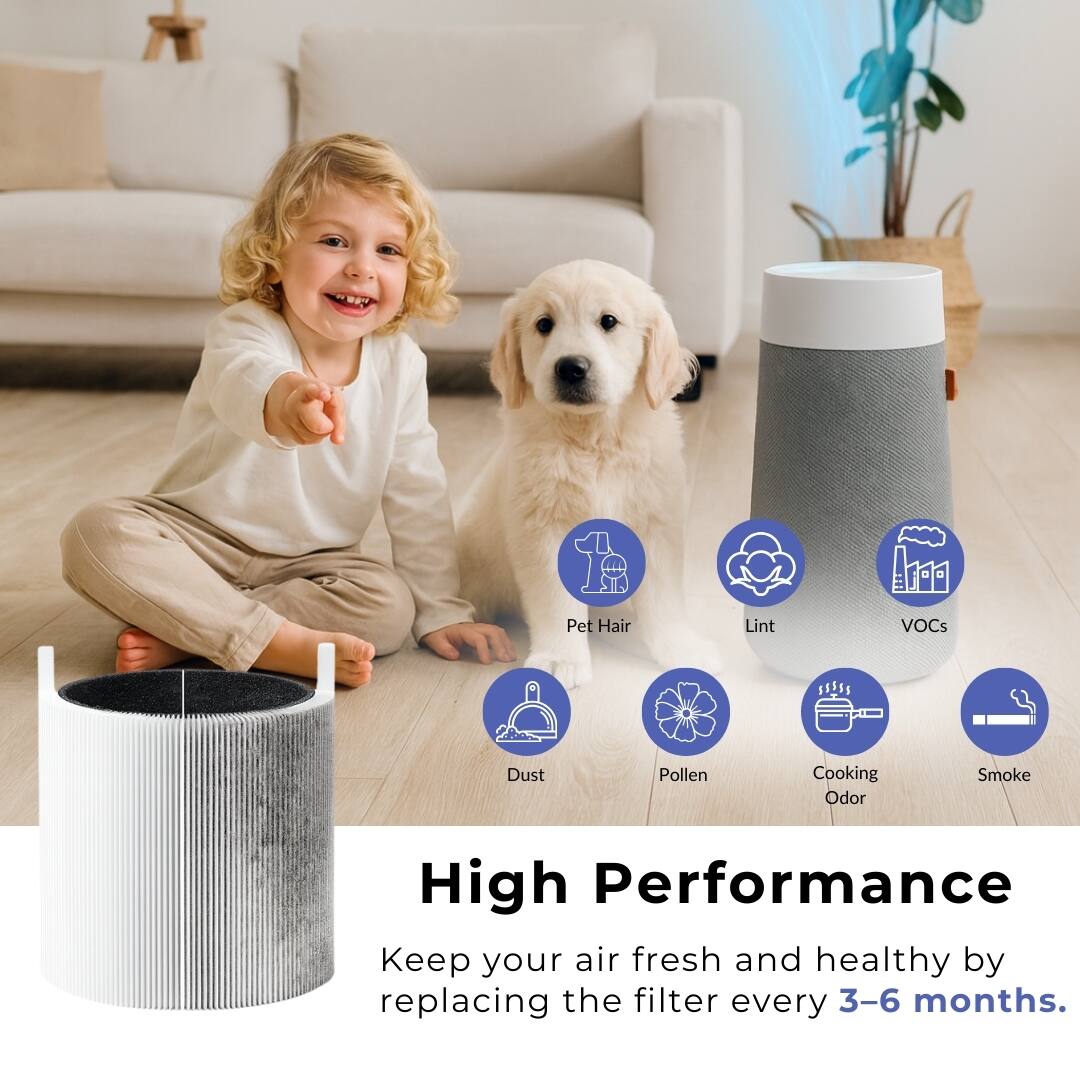 Pet Hair  
Lint  
VOCs  
Dust  
Pollen  
Cooking Odor  
Smoke  

High Performance  
Keep your air fresh and healthy by replacing the filter every 3-6 months.