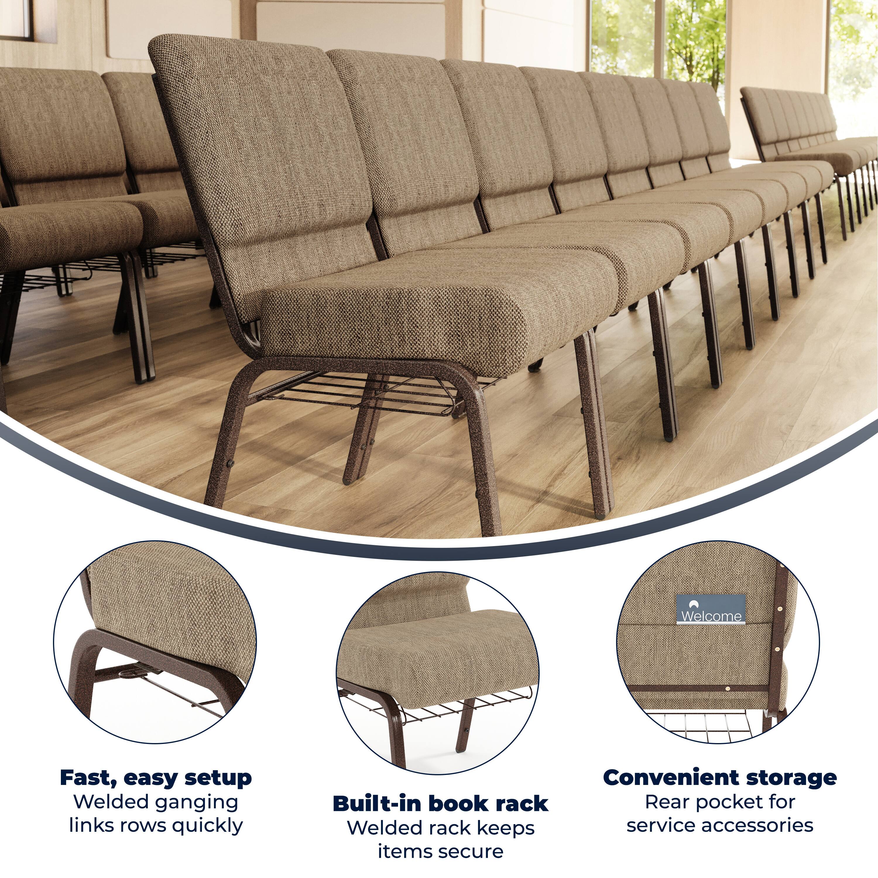 Welcome

Fast, easy setup  
Welded ganging links rows quickly

Built-in book rack  
Welded rack keeps service accessories items secure

Convenient storage  
Rear pocket for service accessories