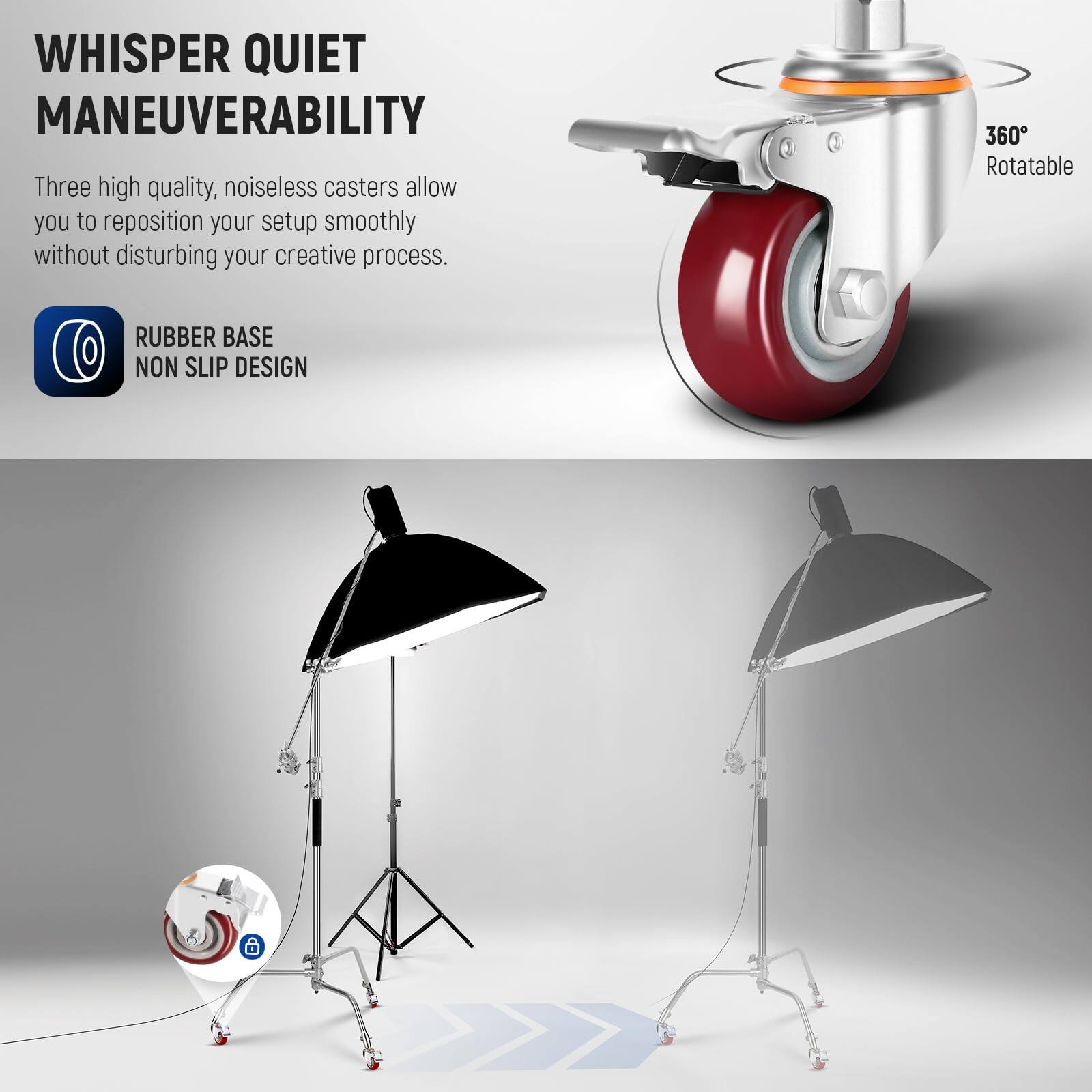 **WHISPER QUIET MANEUVERABILITY**

Three high quality, noiseless casters allow you to reposition your setup smoothly without disturbing your creative process.

**RUBBER BASE NON SLIP DESIGN**

360° Rotatable