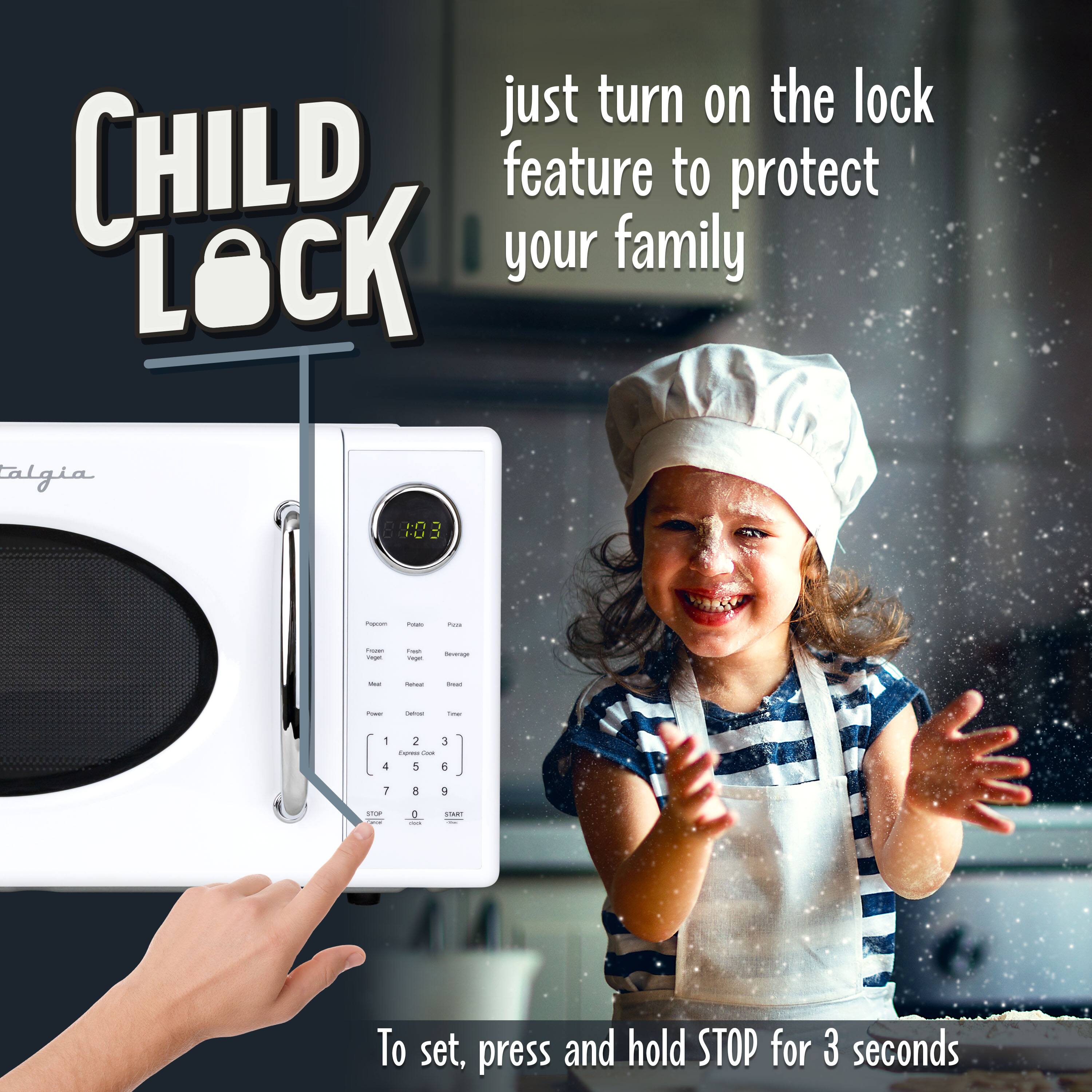 Just turn on the lock CHILD feature to protect your family.

To set, press and hold STOP for 3 seconds.