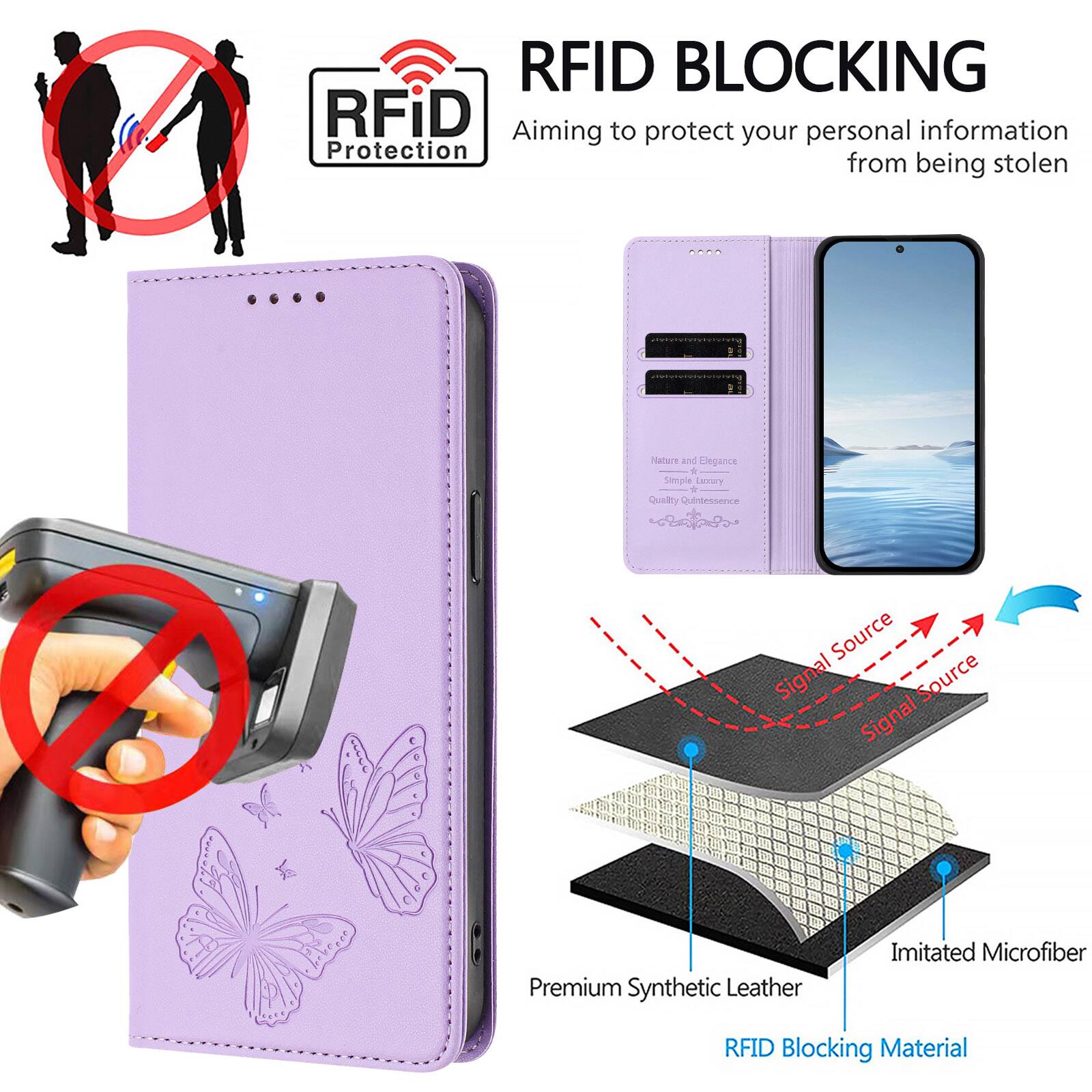 RFID BLOCKING  
Aiming to protect your personal information from being stolen  

Nature and Elegance  
Simple Luxury  
Quality Quintessence  

Premium Synthetic Leather  
Imitated Microfiber  
RFID Blocking Material