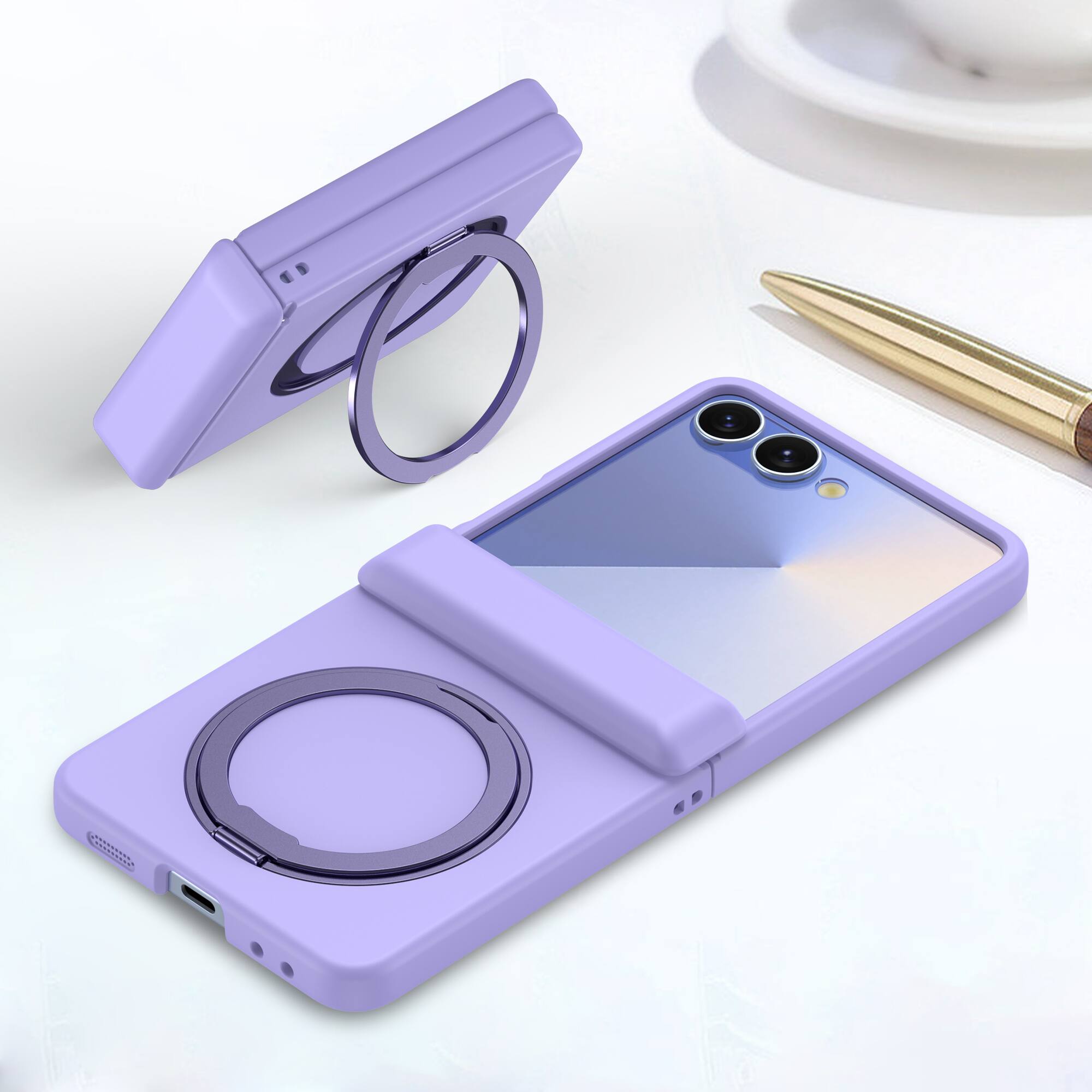 Angle. Dteck - for Samsung Galaxy Z Flip7 Matte Case,Shockproof Hard PC Cover with Hinge Protection,Rugged Rotatable Kickstand Case - Purple.