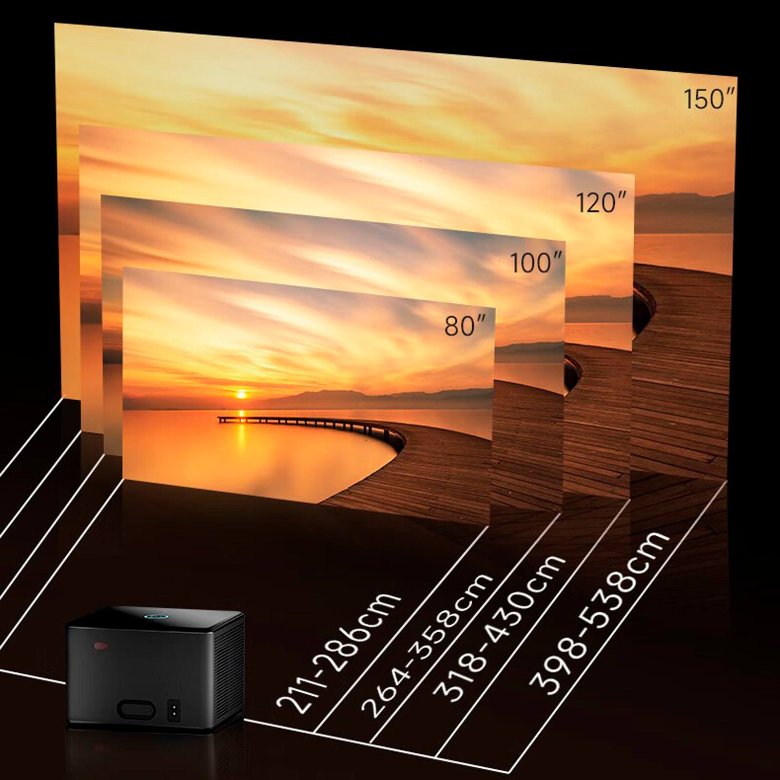 150"  
120"  
100"  
80"  

211-286cm  
264-358cm  
318-430cm  
398-538cm