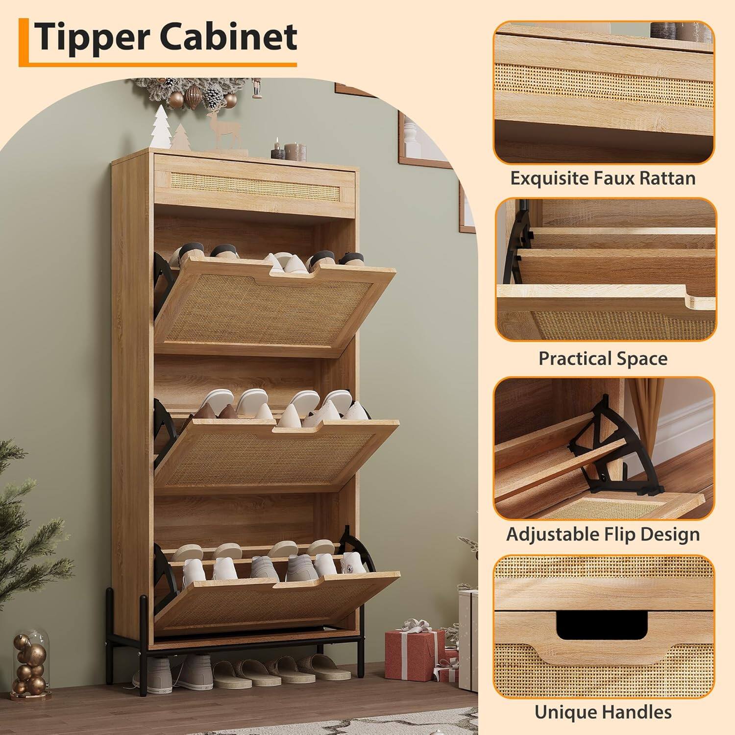 Tipper Cabinet

- Exquisite Faux Rattan
- Practical Space
- Adjustable Flip Design
- Unique Handles