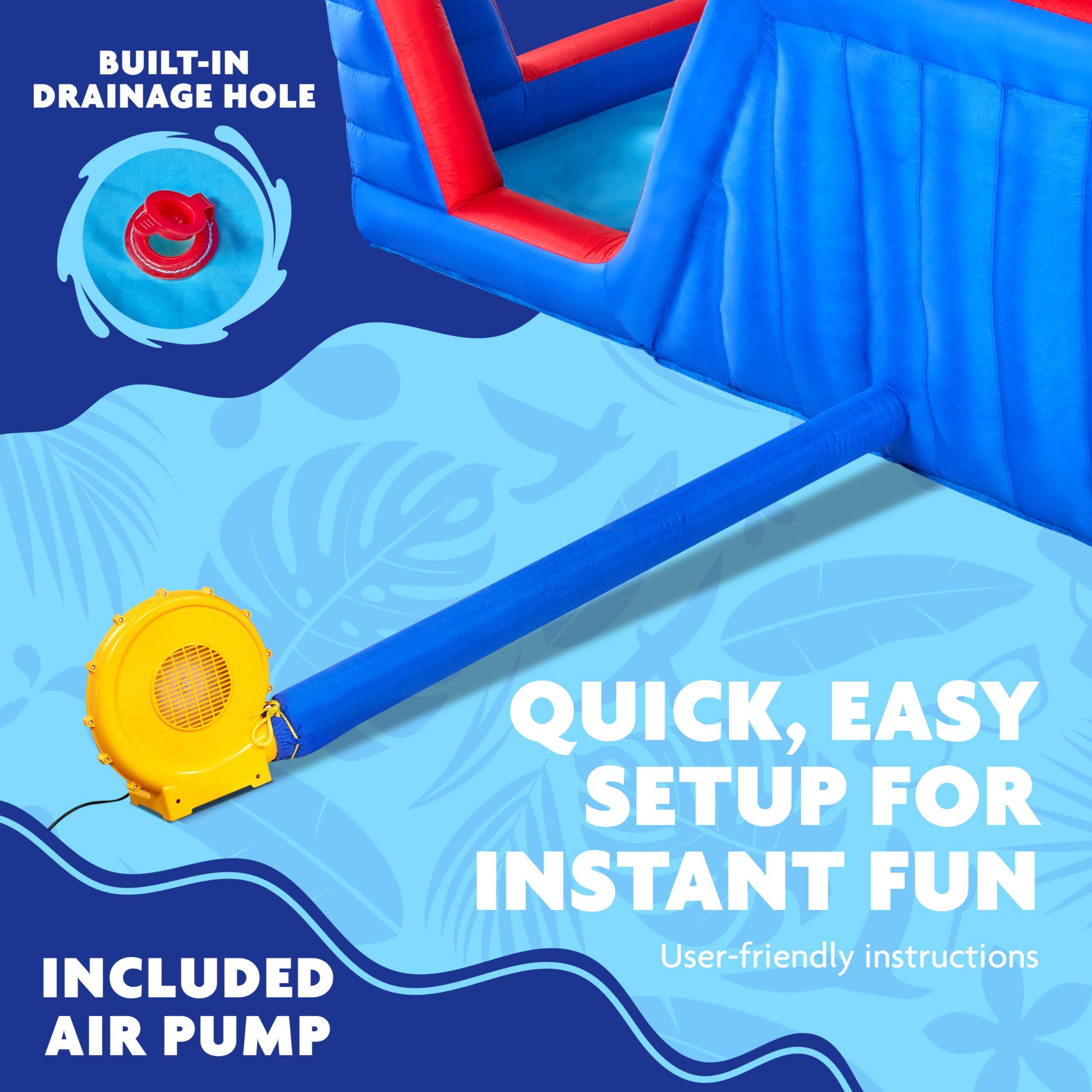 BUILT-IN DRAINAGE HOLE, QUICK, EASY SETUP FOR INSTANT FUN, INCLUDED AIR PUMP, User-friendly instructions
