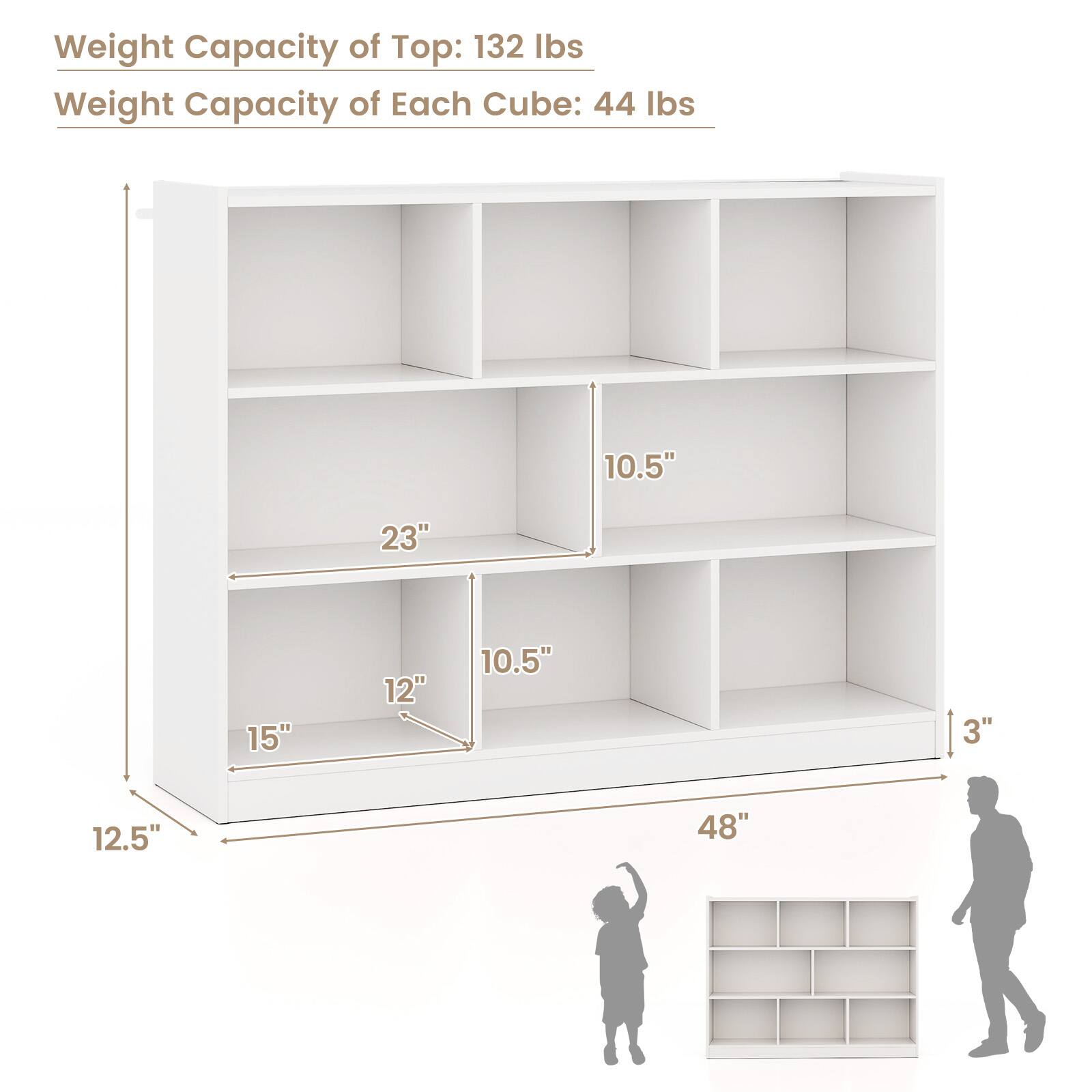 Weight Capacity of Top: 132 lbs Weight Capacity of Each Cube: 44 lbs 10.5" 23" 15" 12" 10.5" 3" 12.5" 48"