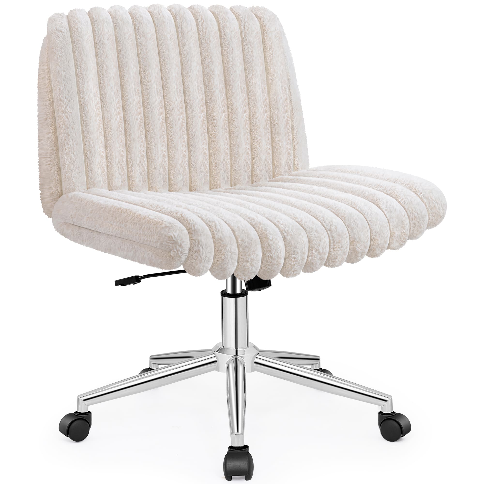 Front. KERDOM - Wide Seat Cross-Legged Vanity Chair, Armless Office Chair For Home Bedroom, Long Hair Fur Plush Desk Chair with Wheels - Beige.