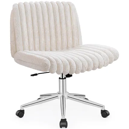 Front. KERDOM - Wide Seat Cross-Legged Vanity Chair, Armless Office Chair For Home Bedroom, Long Hair Fur Plush Desk Chair with Wheels - Beige.