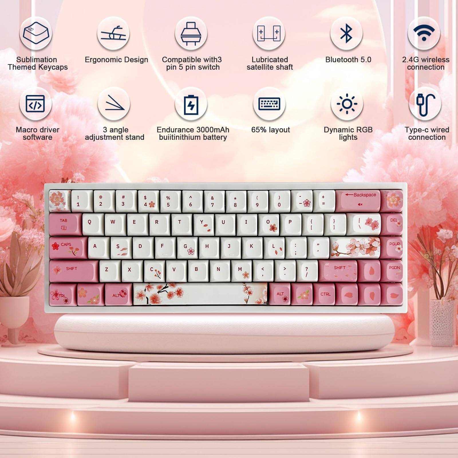 - Sublimation Themed Keycaps
- Ergonomic Design
- Compatible with 3 pin 5 pin switch
- Lubricated satellite shaft
- Bluetooth 5.0
- 2.4G wireless connection
- Macro driver software
- 3 angle adjustment stand
- Endurance 3000mAh built-in lithium battery
- 65% layout
- Dynamic RGB lights
- Type-c wired connection

Key Layout:
1 2 3 4 5 6 7 8 9 0 - = Backspace
Q W E R T Y U I O P [ ] \
A S D F G H J K L ; ' Enter
Z X C V B N M , . / Shift
Caps Lock Shift Alt Ctrl