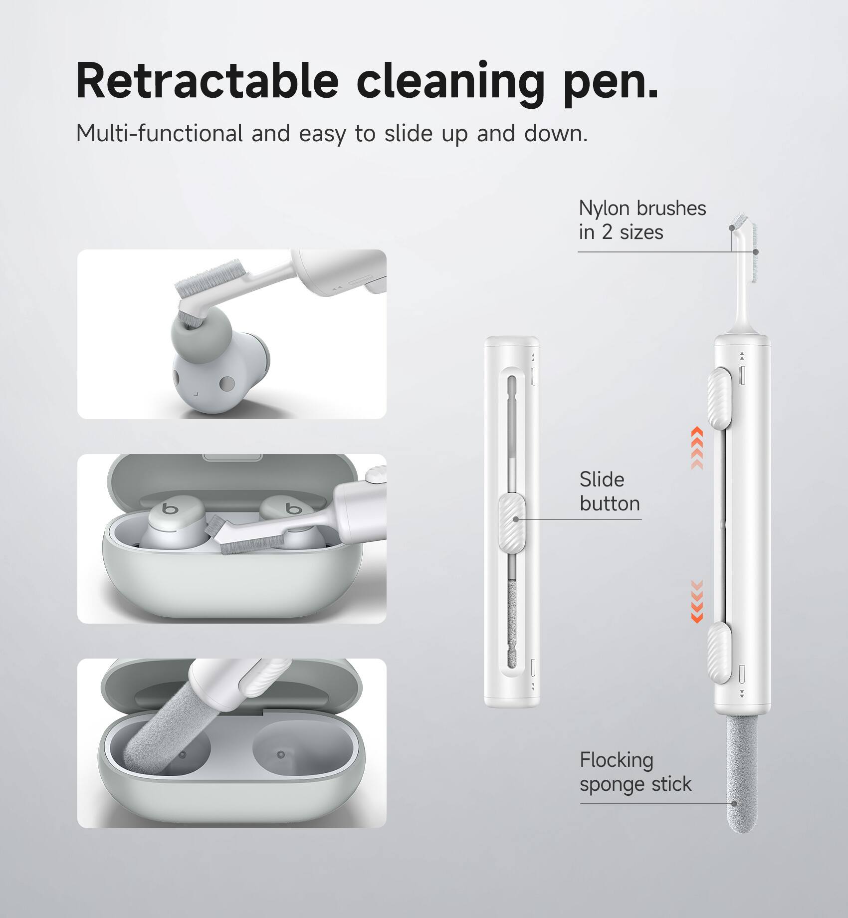 Retractable cleaning pen.  
Multi-functional and easy to slide up and down.  
Nylon brushes in 2 sizes  
Slide button  
Flocking sponge stick