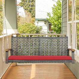 Gymax - Rattan Patio Porch Swing 2-Person Cushioned Swing Chair Bench w/ Hanging Ropes - Red
