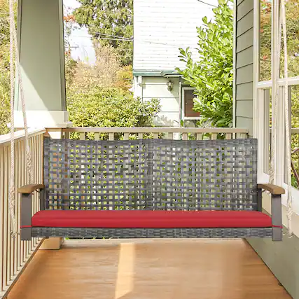 Front. Gymax - Gymax Rattan Patio Porch Swing 2-Person Cushioned Swing Chair Bench w/ Hanging Ropes Red - Red.