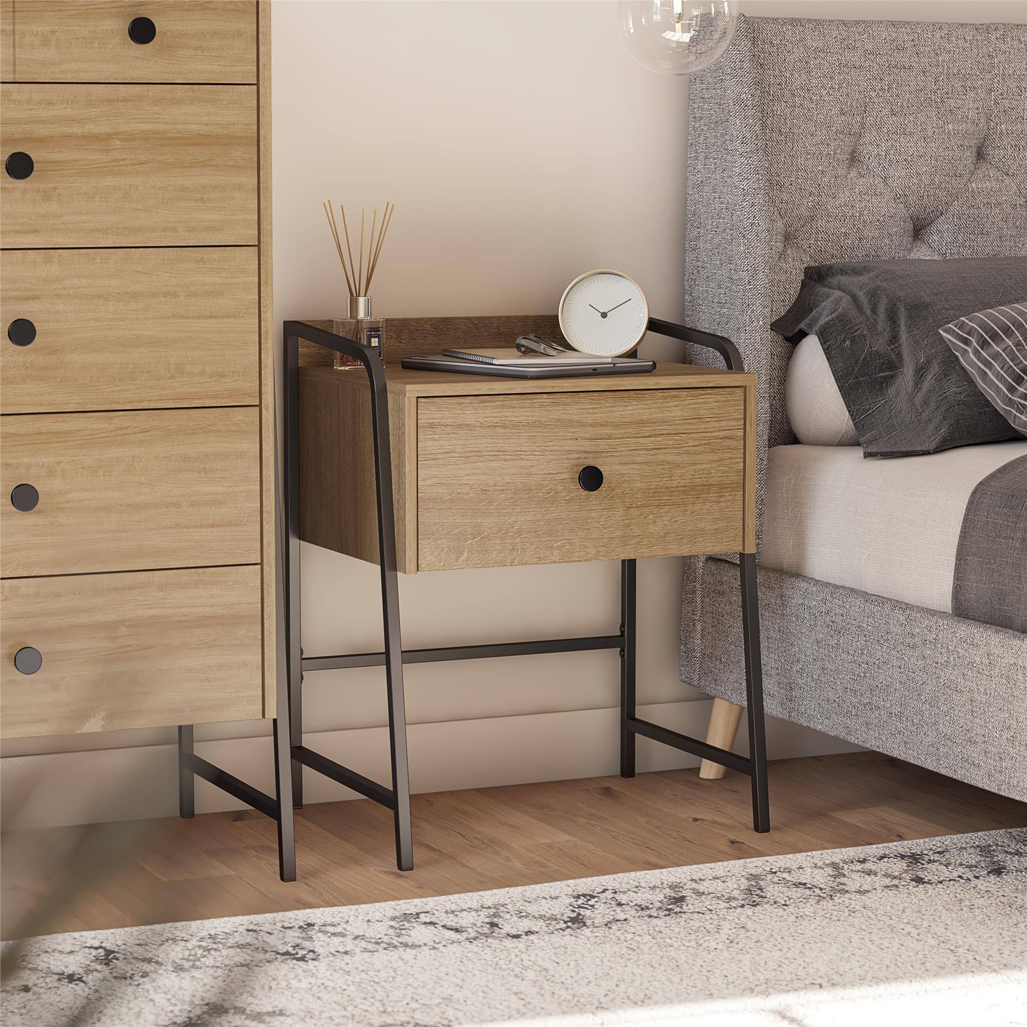 Front. Aukfa - Rustic Nightstand with Drawer - Engineered Wood & Metal Frame, 40lb Top Capacity, 21"W x 26.6"H - Light Gray.