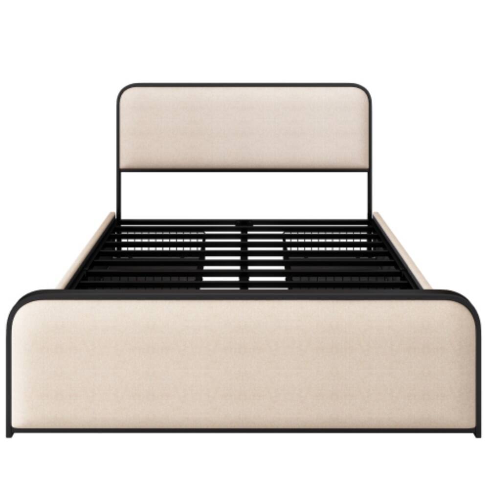 Left. LUCKY ONE - Queen Size Modern Metal Bed Frame with Curved Upholstered Headboard and Footboard, 4 Storage Drawers - Beige.