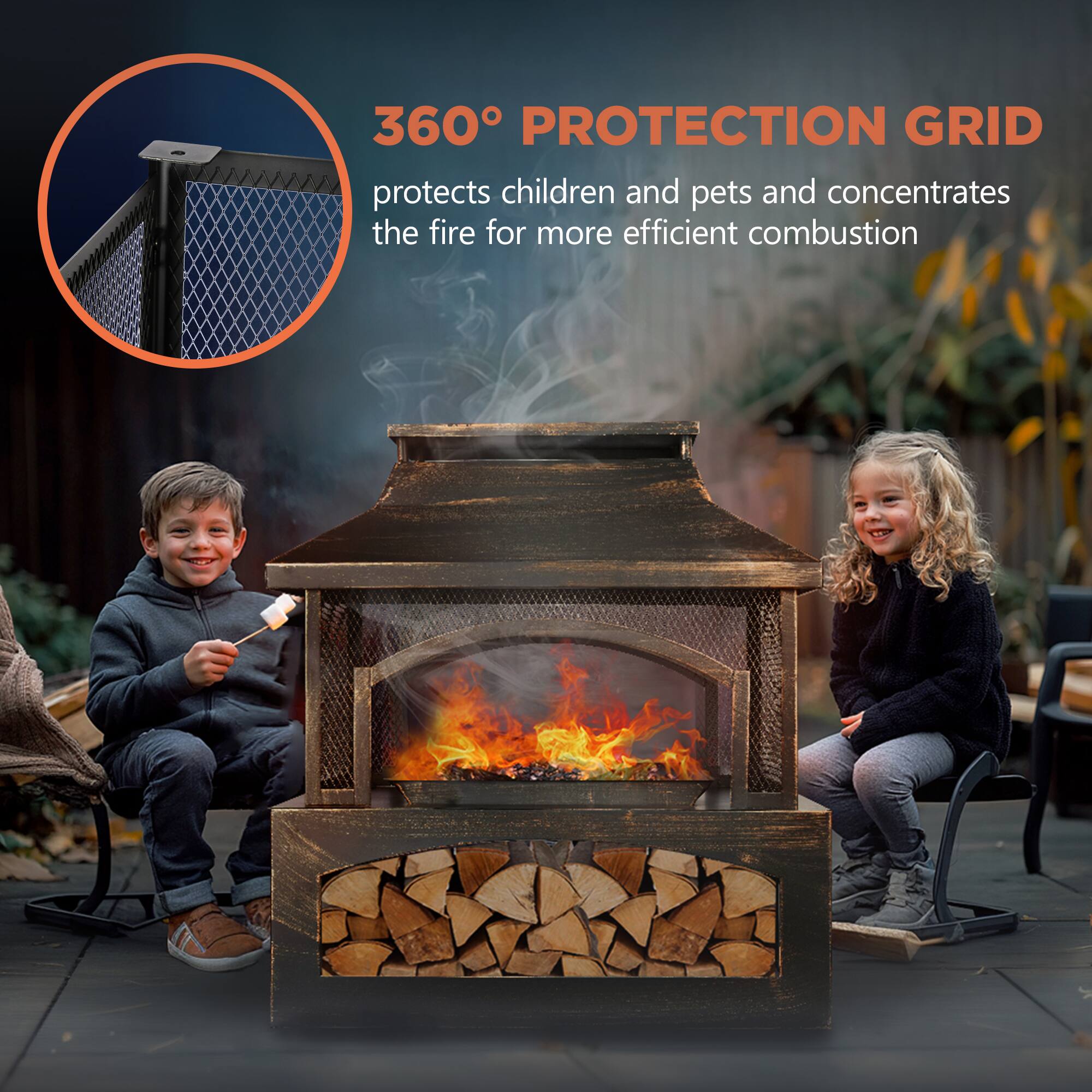 360° PROTECTION GRID  
protects children and pets and concentrates the fire for more efficient combustion