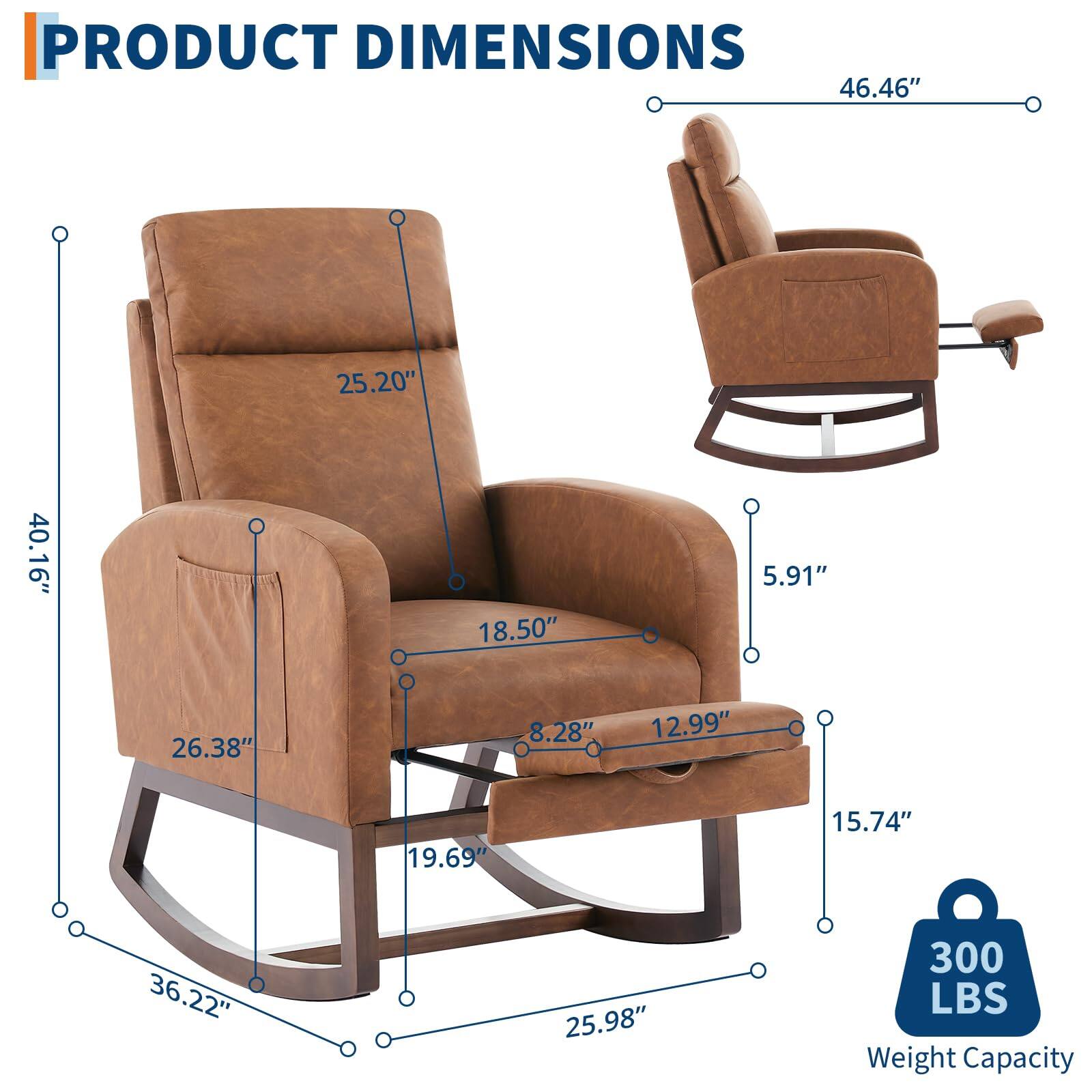 PRODUCT DIMENSIONS

- Width: 46.46"
- Depth: 36.22"
- Height: 40.16"
- Seat Height: 18.50"
- Armrest Height: 25.20"
- Seat Depth: 19.69"
- Back Height: 26.38"
- Armrest Width: 8.28"
- Seat Width: 12.99"
- Overall Height: 40.16"
- Overall Depth: 25.98"
- Overall Width: 46.46"
- Weight Capacity: 300 LBS