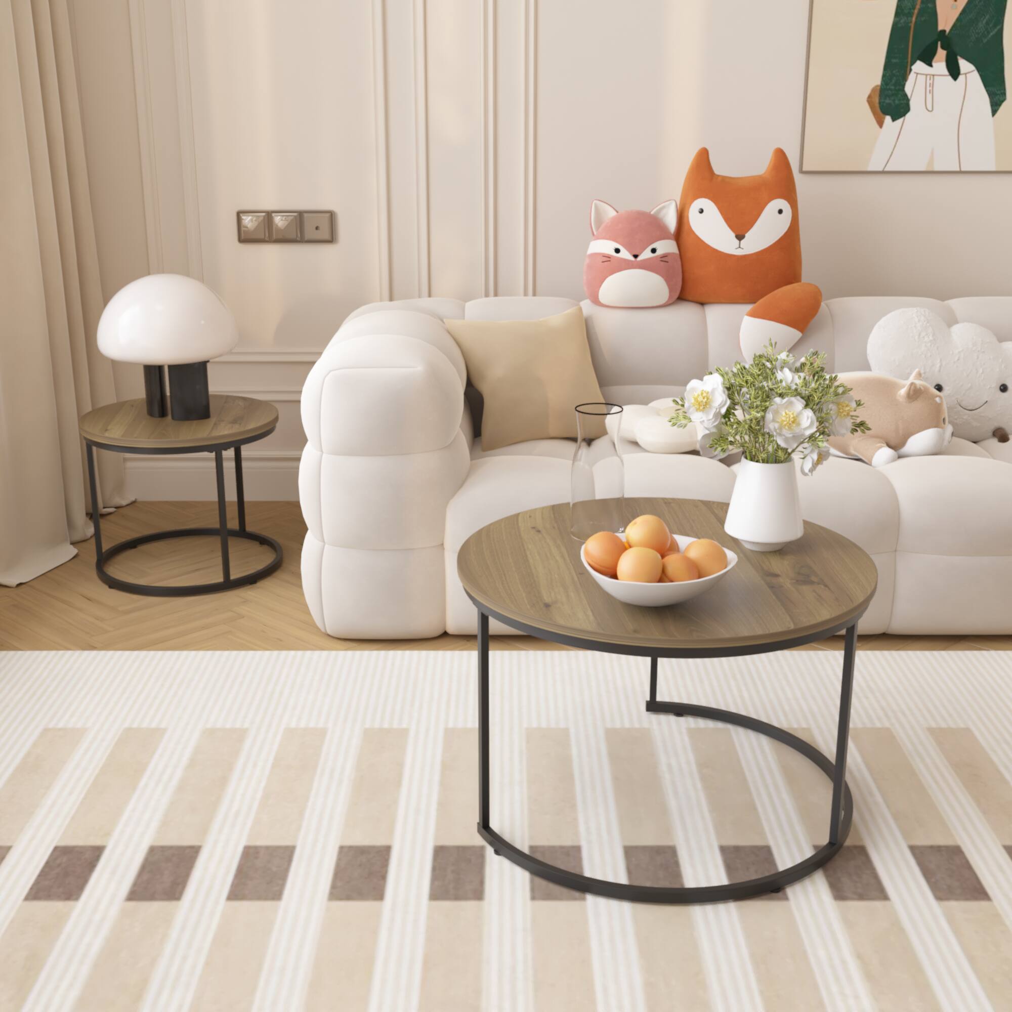 Left. Z-Edge - Modern Coffee Table, Nesting Round Table Set of 2, Side Table with Sturdy Metal Frame for Living Room Bedroom Apartment - Brown + Black.