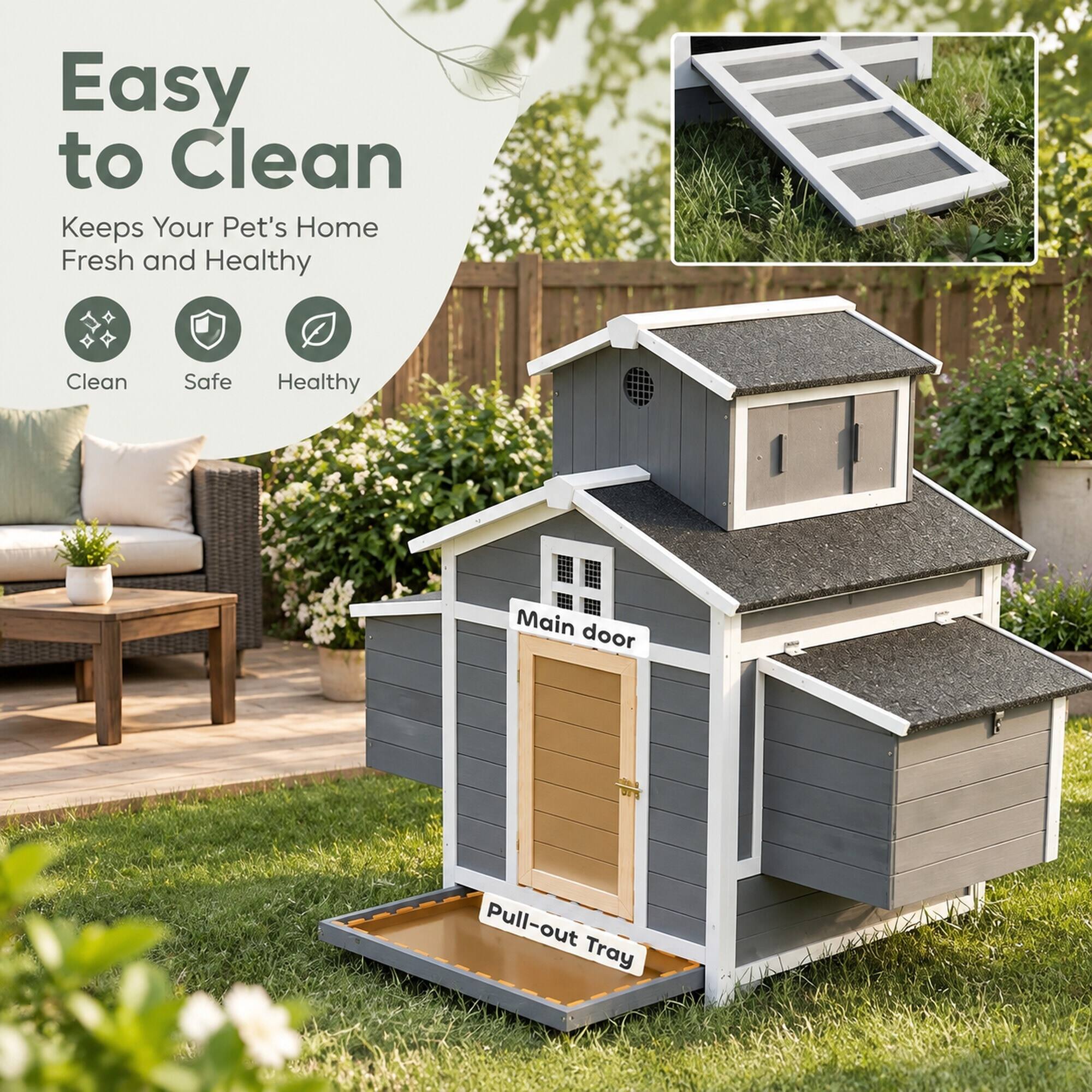 Easy to Clean  
Keeps Your Pet's Home Fresh and Healthy

Clean  
Safe  
Healthy

Main door  
Pull-out Tray
