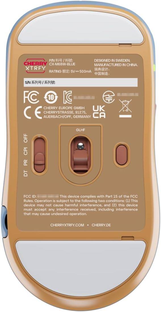 P/N: CX-M68W-BLUE  
DESIGNED IN SWEDEN.  
MANUFACTURED IN CHINA.  
RATING: 5V 500mA  

S/N:  

FC 10 IC  
CHERRY EUROPE GMBH  
CHERRYSTRASSE, 91275, AUERBACH/OPF, GERMANY  
UK CA  

OFF CPI PR DT GLHF  

FCC ID: This device complies with Part 15 of the FCC Rules. Operation is subject to the following two conditions: (1) This device may not cause harmful interference, and (2) this device must accept any interference received, including interference that may cause undesired operation.  

CHERRYXTRFY.COM  
CHERRY.DE