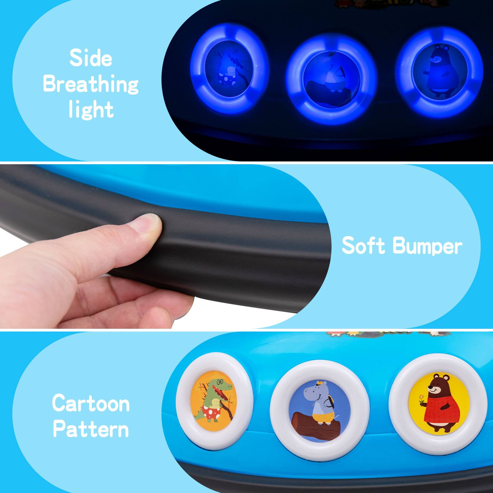 - Side Breathing light
- Soft Bumper
- Cartoon Pattern