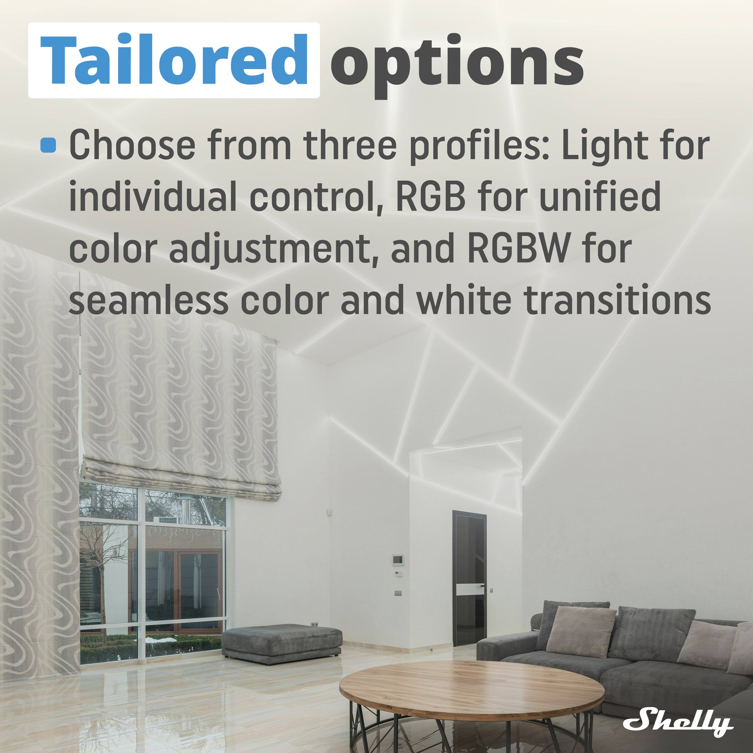 Tailored options

- Choose from three profiles: Light for individual control, RGB for unified color adjustment, and RGBW for seamless color and white transitions

Shelly