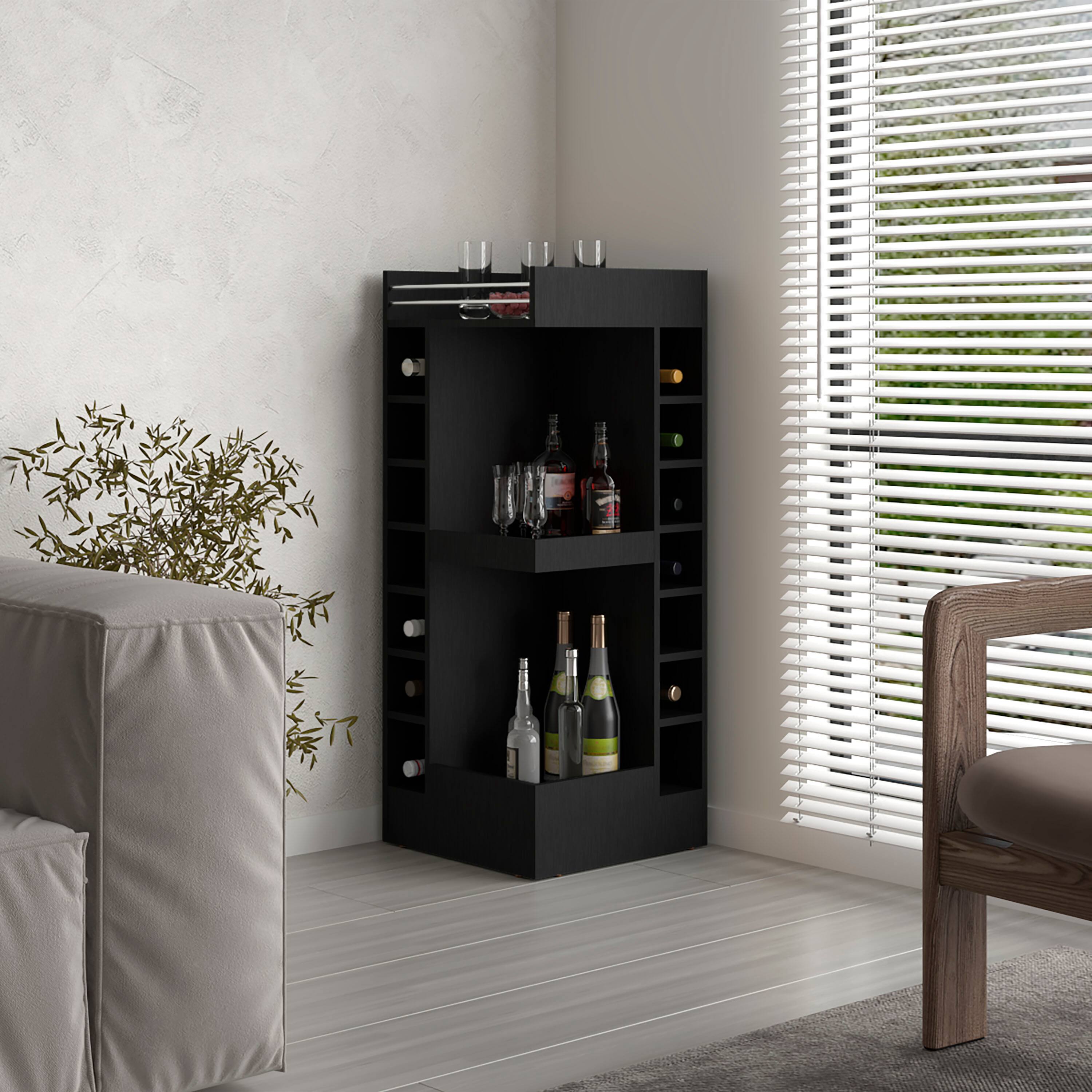 Angle. TuHome - Lyman 46" Tall 3-Tier Corner Bar Cabinet With Fourteen Wine Bottle Cubbies, Living Room, Liquor Cabinet, Storage Cabinet - Black.