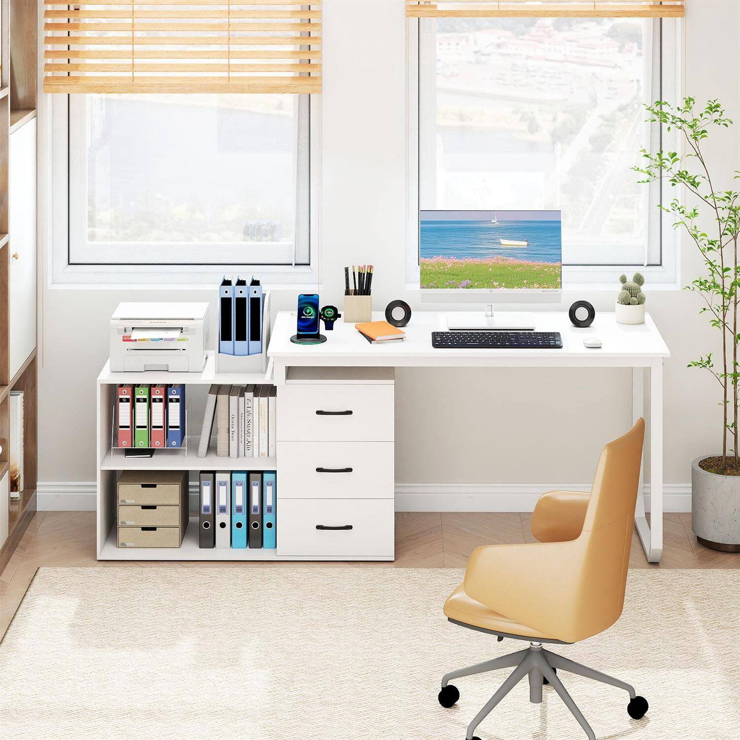 Back. Pefilos - 55 Inch Reversible L-Shaped Desk with 3 Drawers & Adjustable Shelf, Office Desk with Power Outlets, Sturdy Metal Frame - White.