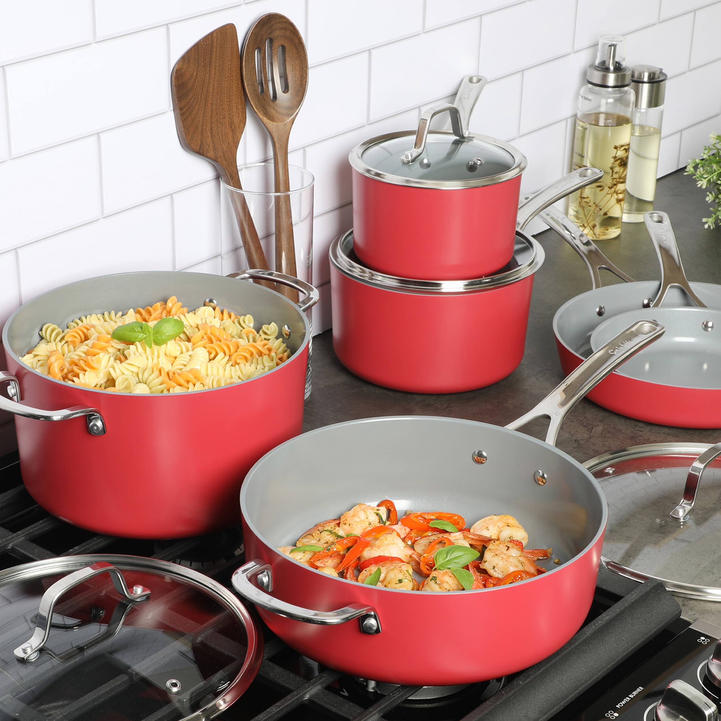 Alt View 5. Sur La Table - Sur La Table Angelie 10 Piece Nonstick Ceramic Enameled Aluminum Cookware Set in Matte Brick - Brick.