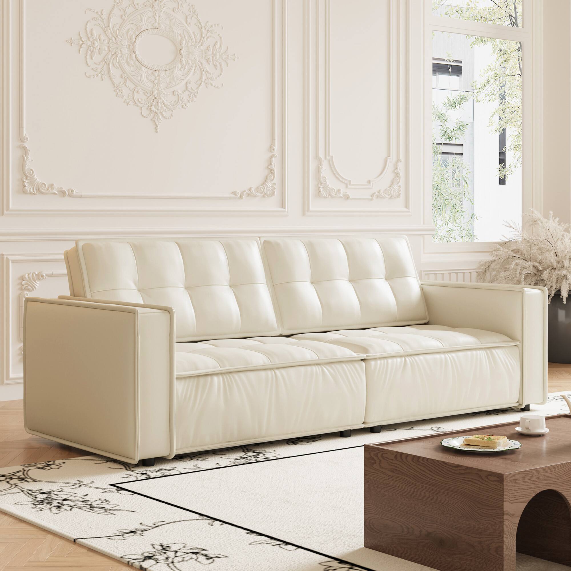 Angle. luck idea - 95.2" Leather Sofa, Modern Living Room Combination Sofa - Off-white.