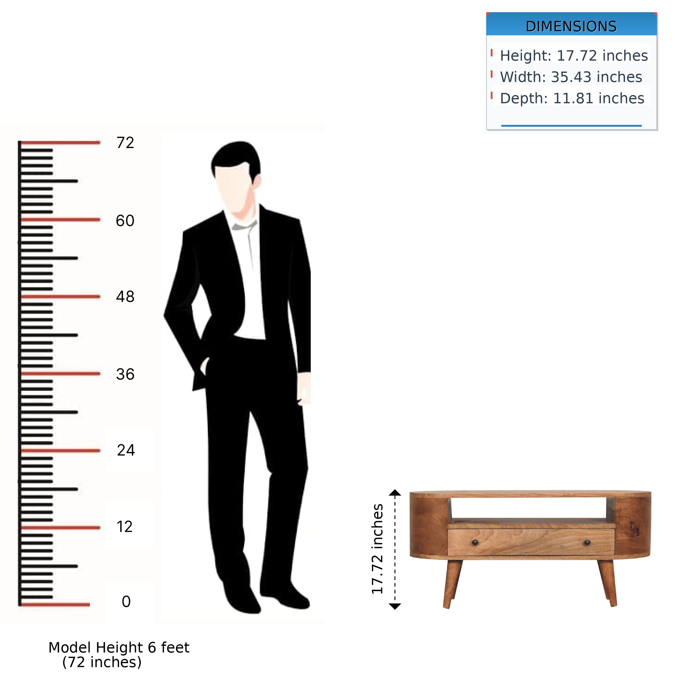 DIMENSIONS  
- Height: 17.72 inches  
- Width: 35.43 inches  
- Depth: 11.81 inches  

Model Height: 6 feet (72 inches)