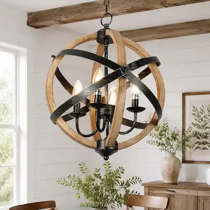 Front. RYHNUYNE - 4-Light Farmhouse Wood Chandelier,Rustic Pendant Light with Black Metal Accents - Wood.