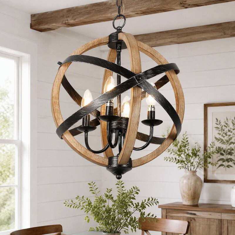 Front. RYHNUYNE - 4-Light Farmhouse Wood Chandelier,Rustic Pendant Light with Black Metal Accents - Wood.