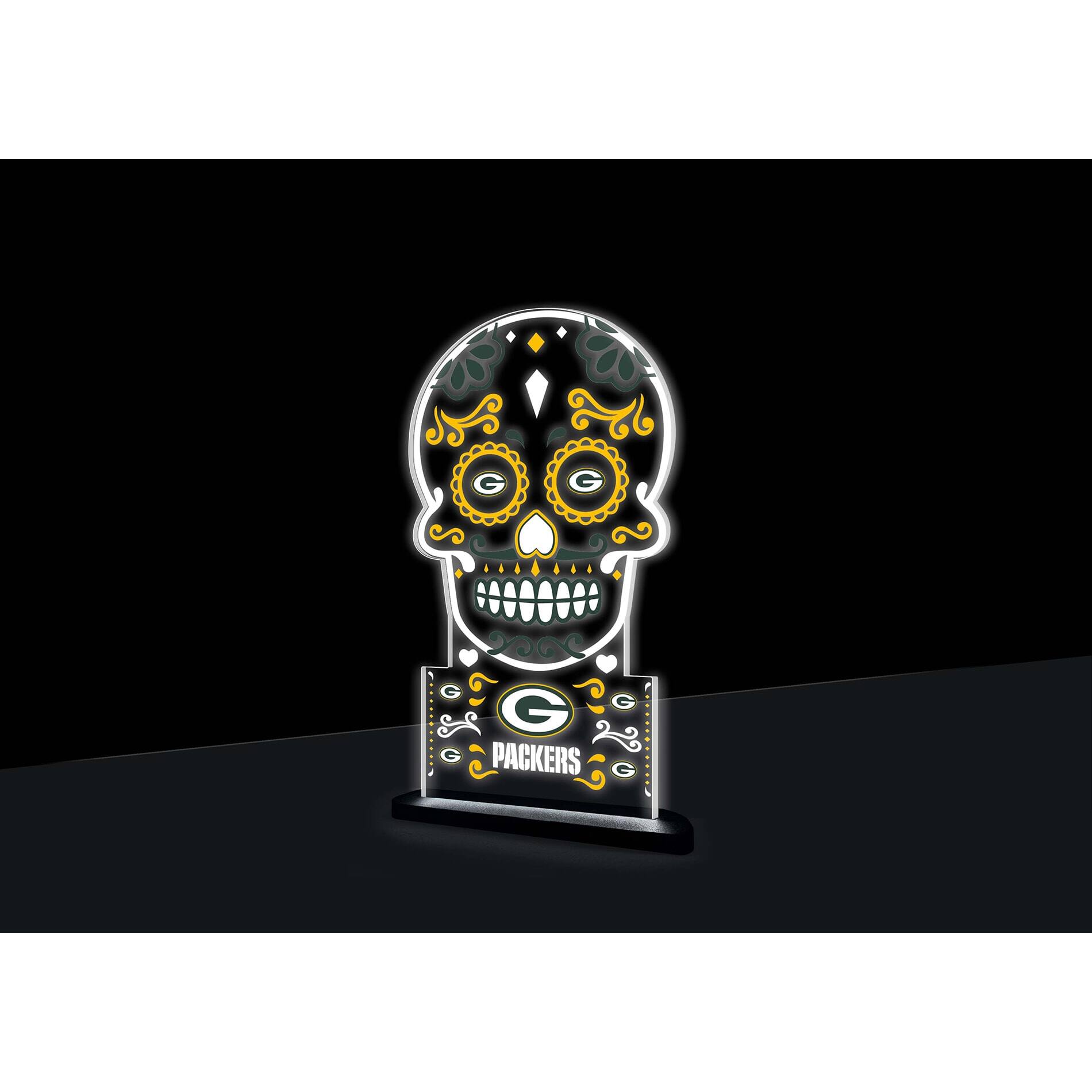 Front. Evergreen Enterprises - Green Bay Packers 10" LED Tabletop Sugar Skull Halloween Desklite Sign - Multicolor.