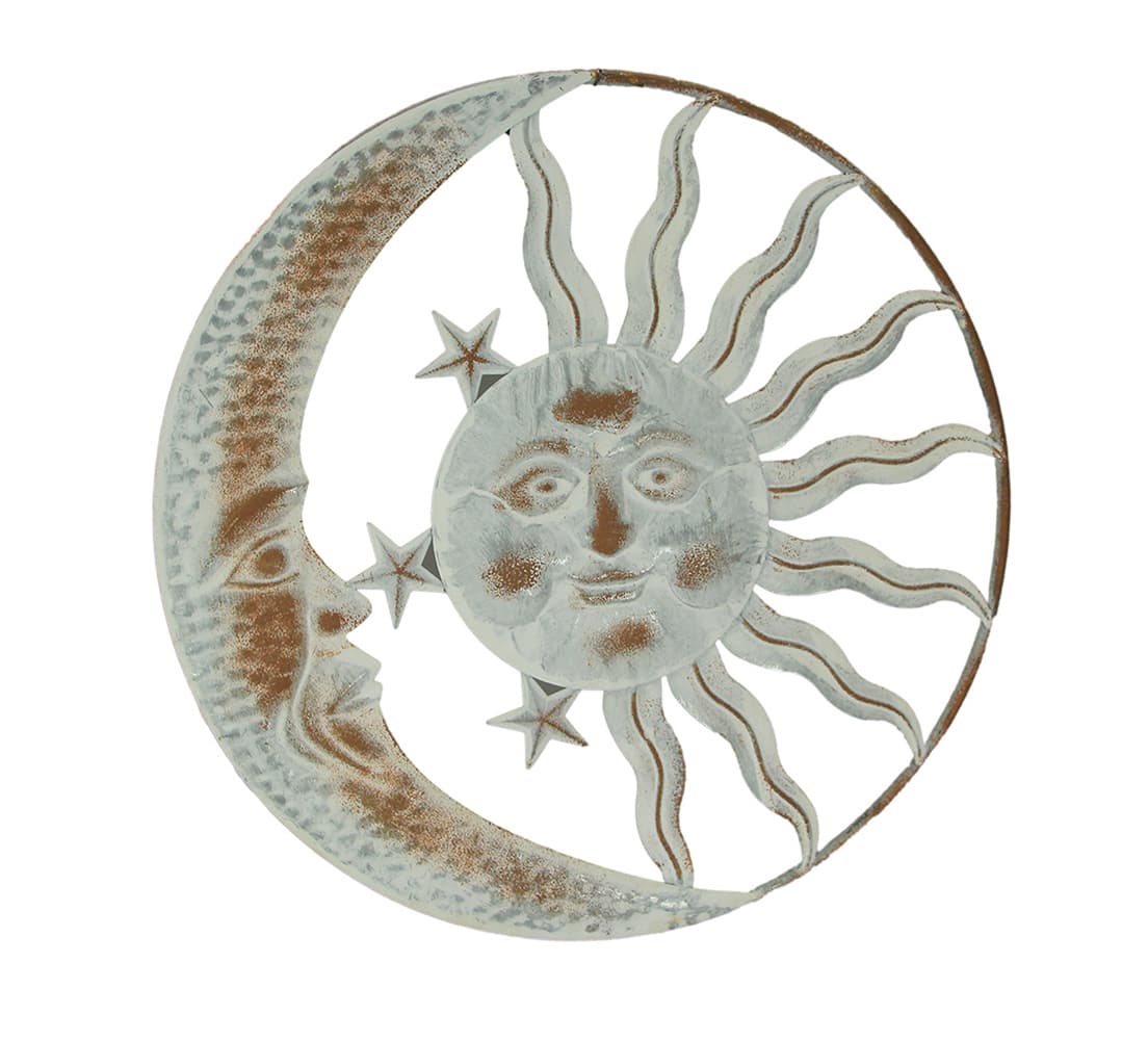 Direct International - 20 Inch Sun Moon Metal Face Distressed White Painted Stars Rustic Wall Hanging - Off-white