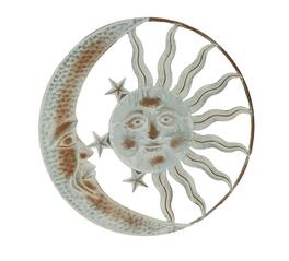 Direct International - 20 Inch Sun Moon Metal Face Distressed White Painted Stars Rustic Wall Hanging - Off-white