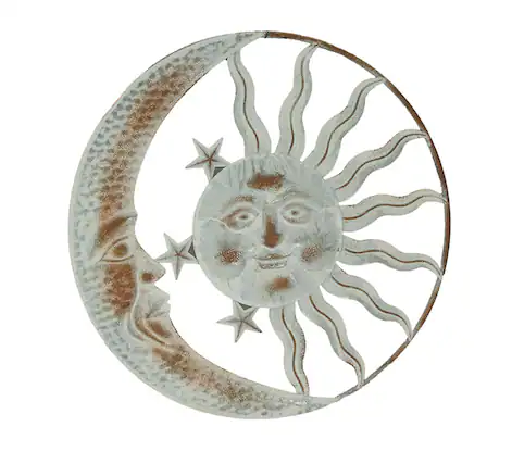 Front. Direct International - 20 Inch Sun Moon Metal Face Distressed White Painted Stars Rustic Wall Hanging - Off-white.
