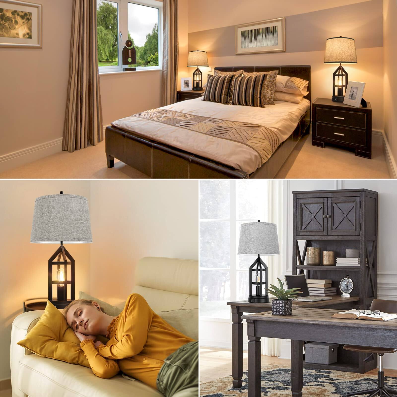 Angle. Nordic Hygge - Farmhouse Table Lamps for Living Room Set of 2, 3-Way Dimmable Touch Control Bedside Lamps with 2 USB Charging Ports - Rustic Farmhouse.