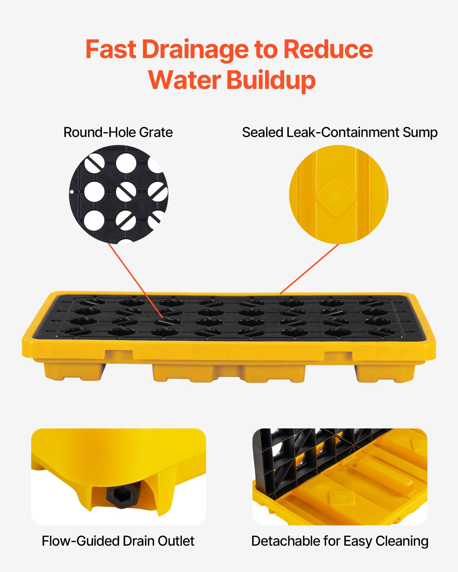 Fast Drainage to Reduce Water Buildup

- Round-Hole Grate
- Sealed Leak-Containment Sump
- Flow-Guided Drain Outlet
- Detachable for Easy Cleaning