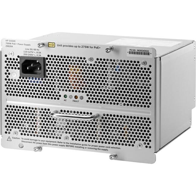 HP 5400R 700W PoE+ Power Supply J9828A  
Line 50/60 Hz  
110-127V~ 8.5A  
200-240V~ 4.3A  
Unit provides up to 275W for PoE+  
PS SN: INJOG4D022  
AC  
FAULT  
Caution: To avoid damage to your equipment: Refer to the installation guide for proper power cord selection. Disconnect AC power from this power supply BEFORE installing or removing the supply.