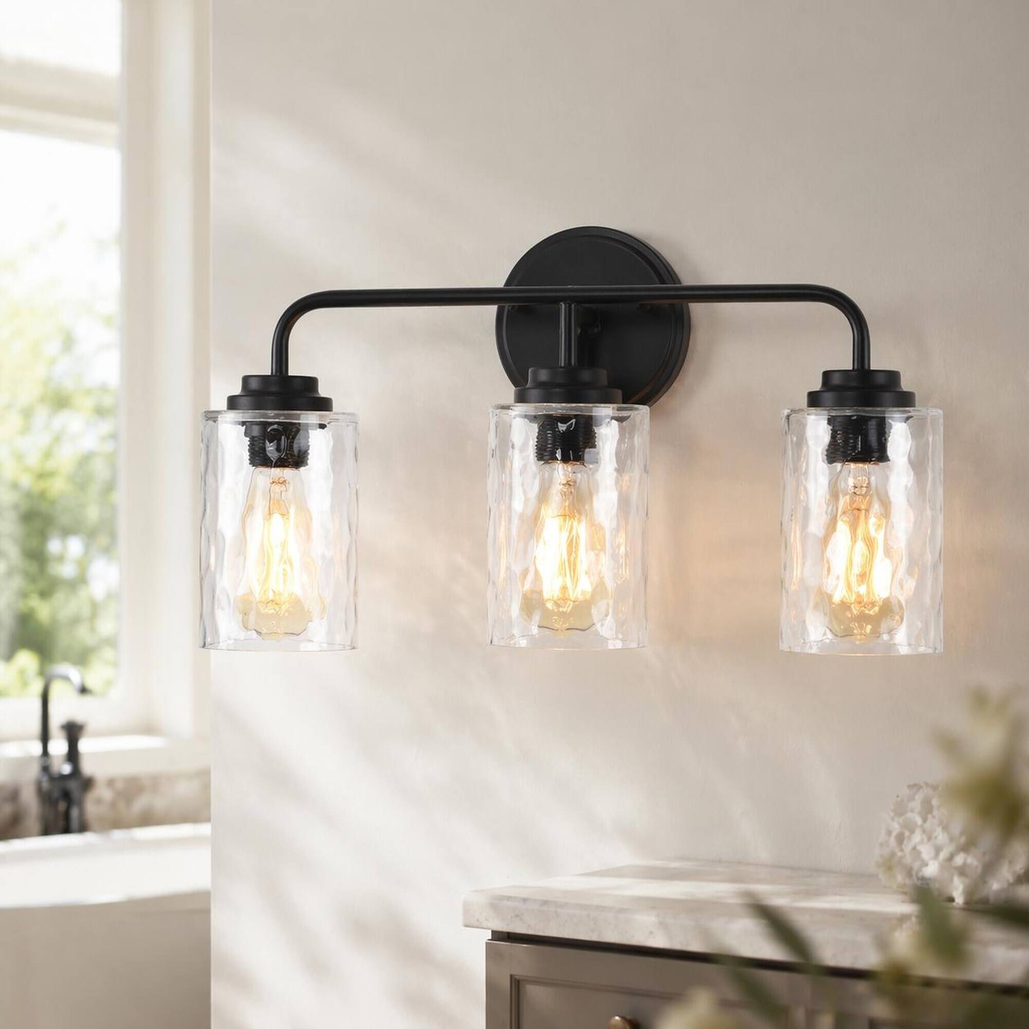Front. RYHNUYNE - 3‑Light Industrial Vanity Wall Sconce,Wall Light Fixture for Bathroom, Bedroom, Living Room, Kitchen - Matte Black.